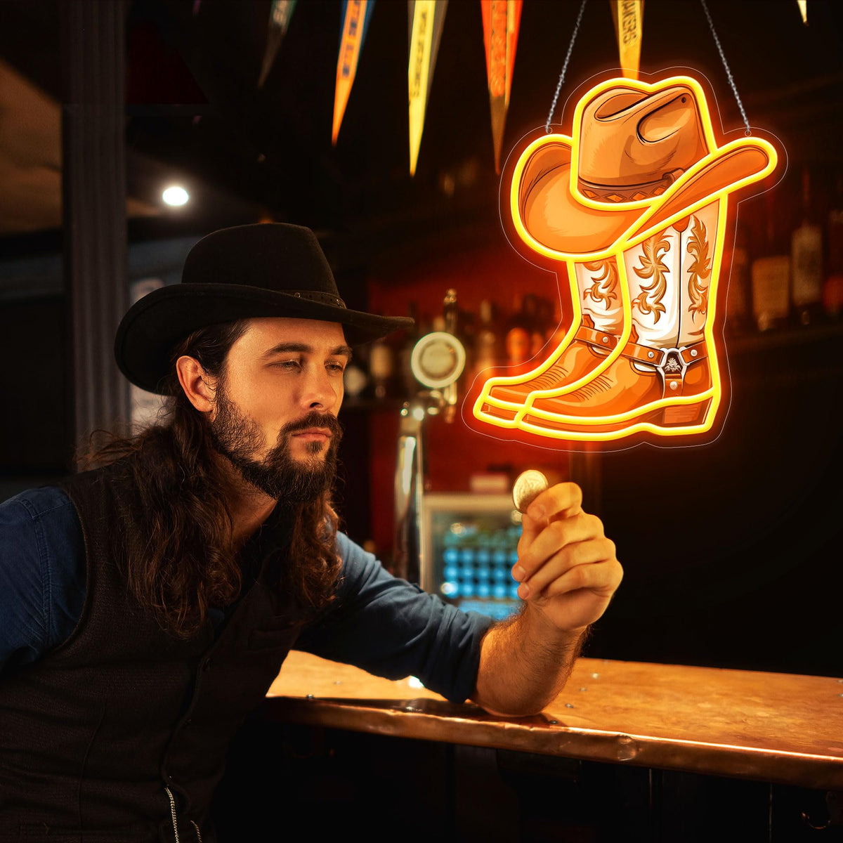 ZLOOREE Cowboy Boot with Hat Neon Signs for Wall Decor, Western Cowboy LED Sign Light Up, Dimmable Neon Light for Game Room Man Cave Bedroom Bar Party Birthday Gifts
