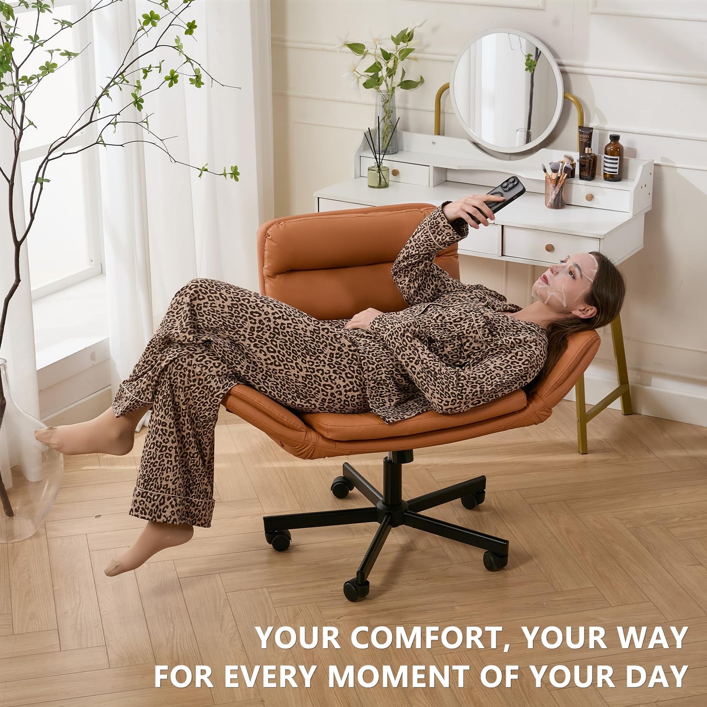 Criss Cross Chair with Flip-Up Arms & Swivel Wheels, Vanity Chair with Adjustable Height & Side Pockets, Comfortable Wide Seat Reclining Computer Office Desk Chairs for Home Office, Make Up, Bed Room