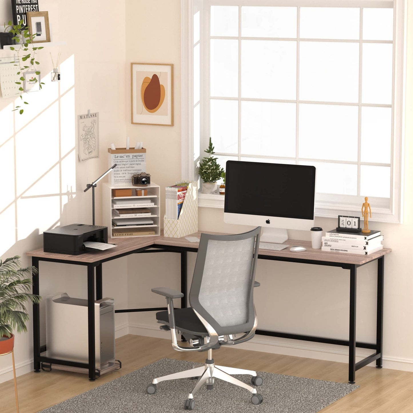 VECELO Corner Desk,Office Tables for Living Room for Small Space Triangle Computer Desk with Steel Frame Corner Shelves with Metal Frame Writing Desk for Workstation Classic White 66"
