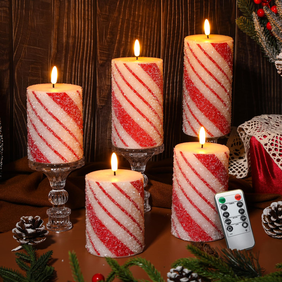 Lonfliness 5 Pcs Christmas Stripe Flameless LED Candles 6 Inch Christmas Candy Cane Candles with Sea Salt Granules Battery Operated Flickering Candlestick for Xmas Holiday Party Wedding Decor
