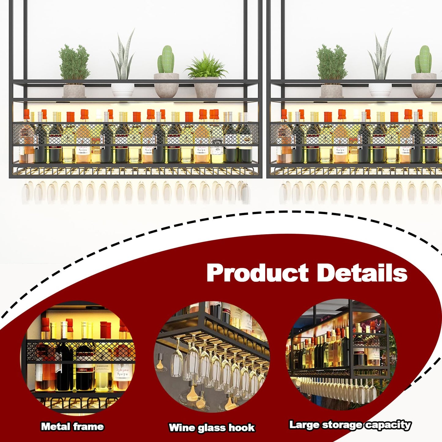 LWJQRSP Gold Metal Hanging Wine Rack - 2-Tier Ceiling Wine Glass Holder Stylish Bar Display & Storage for Restaurants Cafes and Kitchens - 80cm Length