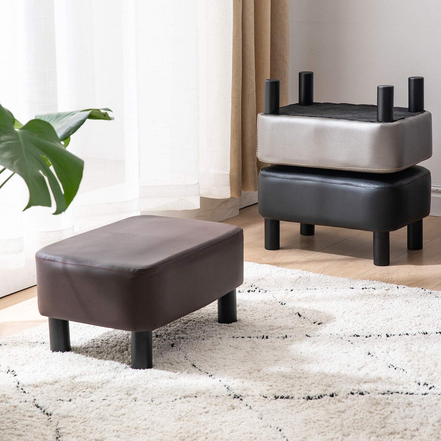 IBUYKE 16.54" Small Footstool, PU Faux Leather Step Stool, with Padded Seat Pine Wood Legs and Padded Rectangular Stool, for Bedroom, Brown RF-BD209