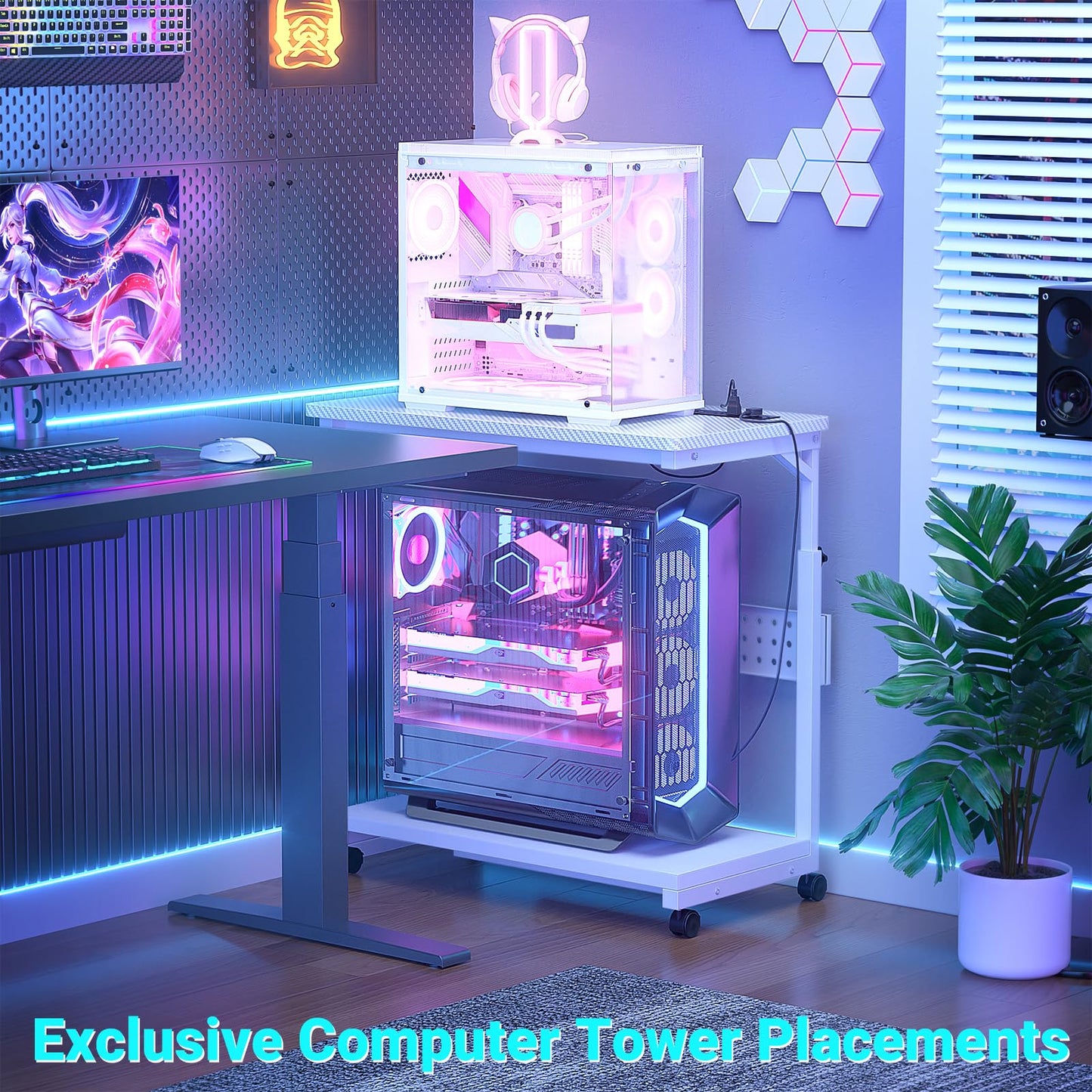 Besiost 32" Large Computer Tower Stand with Power Strips, 4 Levels Manual Height Adjustable PC Tower Stand for Under Desk, Mobile Rolling CPU Holder Computer Cart with Wheels, Carbon Fiber White