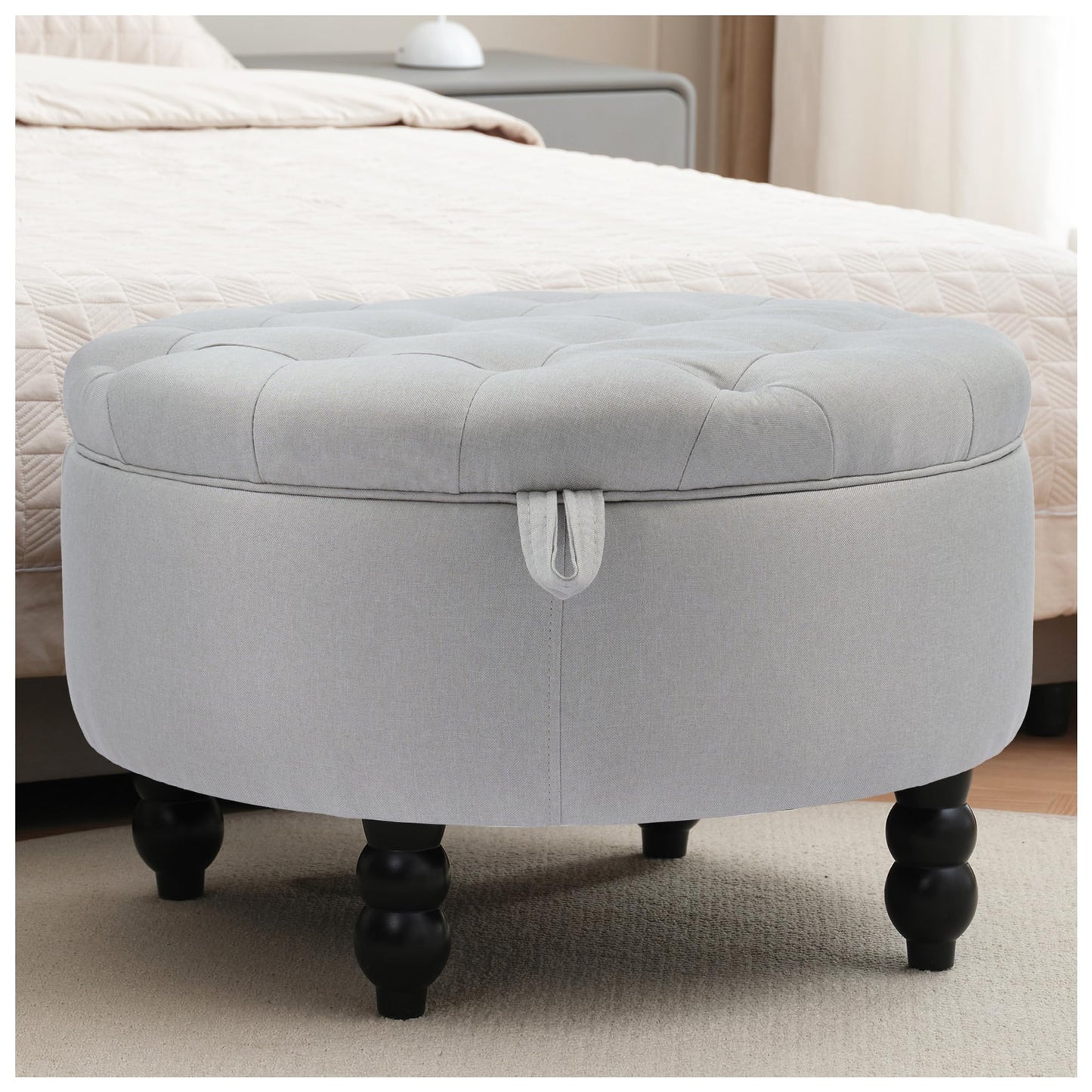 UDAX 30 Inch Round Ottoman with Storage, Tufted Linen Storage Bench for Bedroom, Living Room & Entryway, Modern Upholstered Coffee Table with Wooden Black Legs, Light Grey