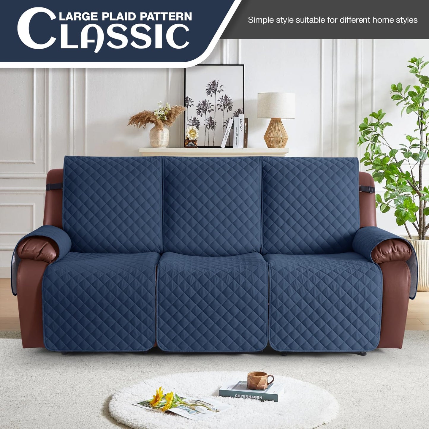 KinCam Waterproof Recliner Sofa Cover, Non-Slip Reclining Couch Covers for 3 Seat, Recliner Couch Cover Furniture Protector with Elastic Straps for Pets, Kids, Blue