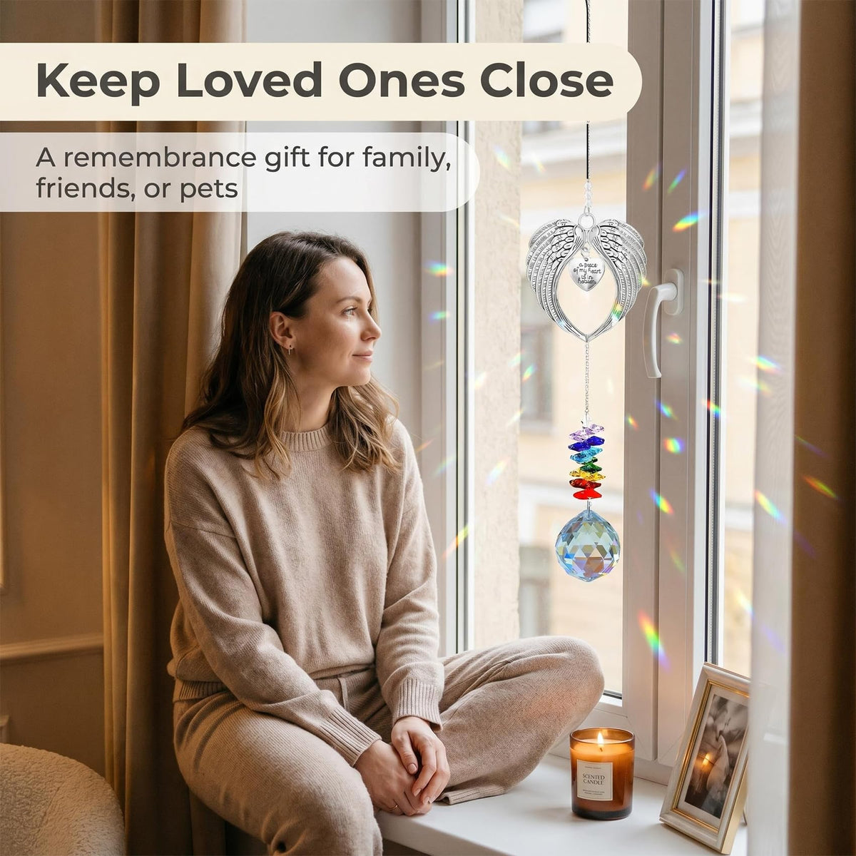 Memorial Suncatcher Angel Wings with Crystal Ball, “A Piece of My Heart is in Heaven” Sympathy Gift for Loss of Loved One or Pet, Bereavement Remembrance Hanging Decor for Window 18.5 Inch