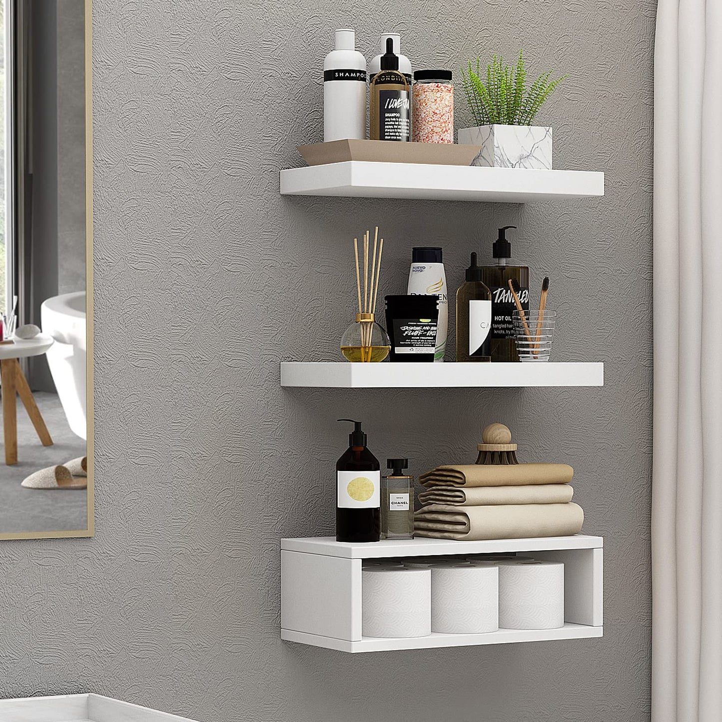RANK Bathroom Shelves Over Toilet - Wall Mounted Floating Shelves Toilet Paper Storage Small White Decor Shelf 16 inch Set of 3