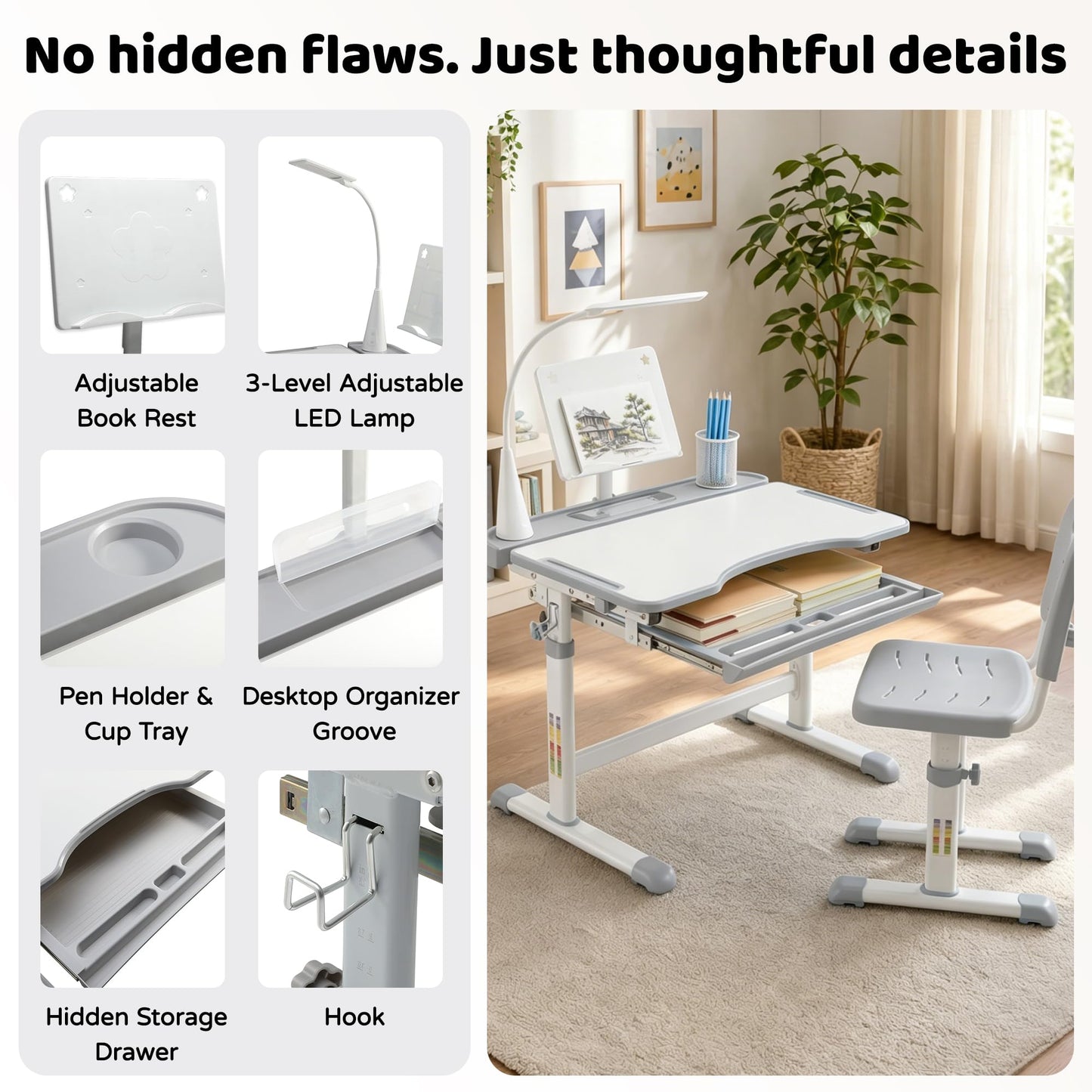 Diroan Kids Functional Desk and Chair Set, Ergonomic Height Adjustable Children School Study Desk with Tilt Desktop, Book Stand, LED Light, Metal Hook and Storage Drawer for Boys Girls(Grey)