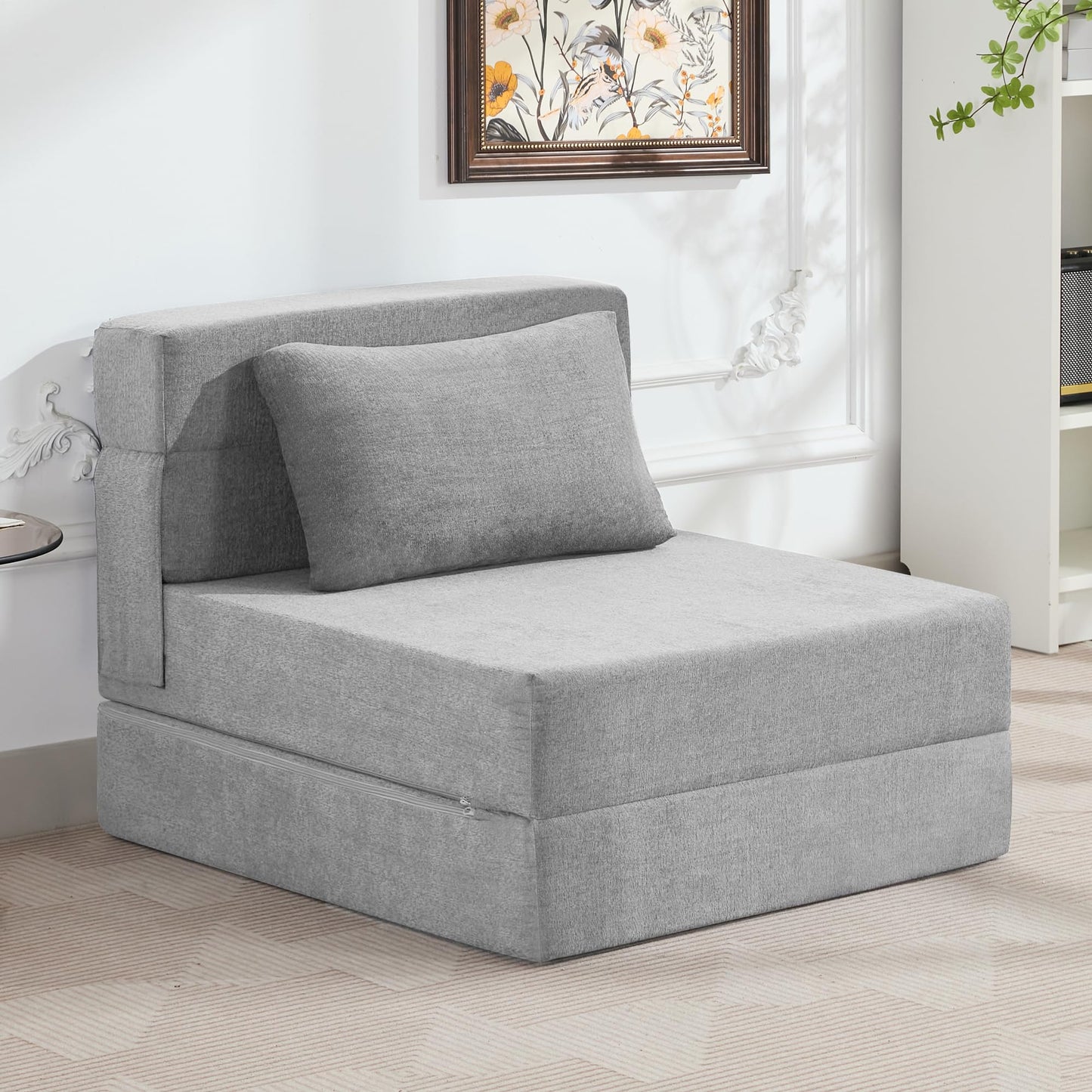 WUTUTUEE Folding Sofa Bed Convertible Floor Couch Foldable Chair Bed with Pillow，Linen Sleeper Chair Futon,Foldable Memory Foam Mattress for Bedroom/Living Room/Dorm/Office (Light Grey, Single)