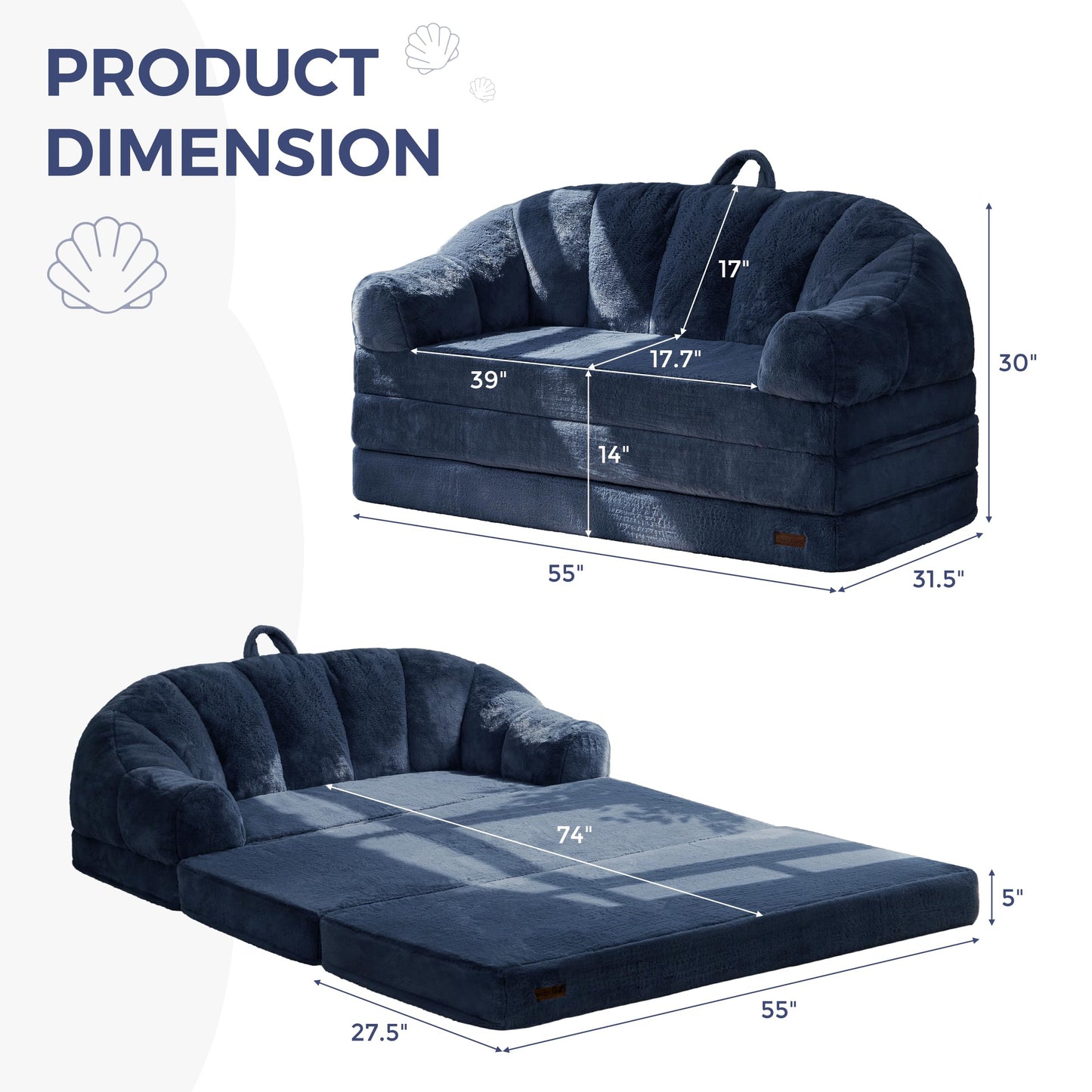 MAXYOYO Folding Sofa Bed, 2 in 1 Convertible Sofa to Lounger Comfy Loveseat Bean Bag Chair for Adults, Floor Couch with Handle, Faux Fur Couch Bed for Living Room Bedroom, Navy, Loveseat