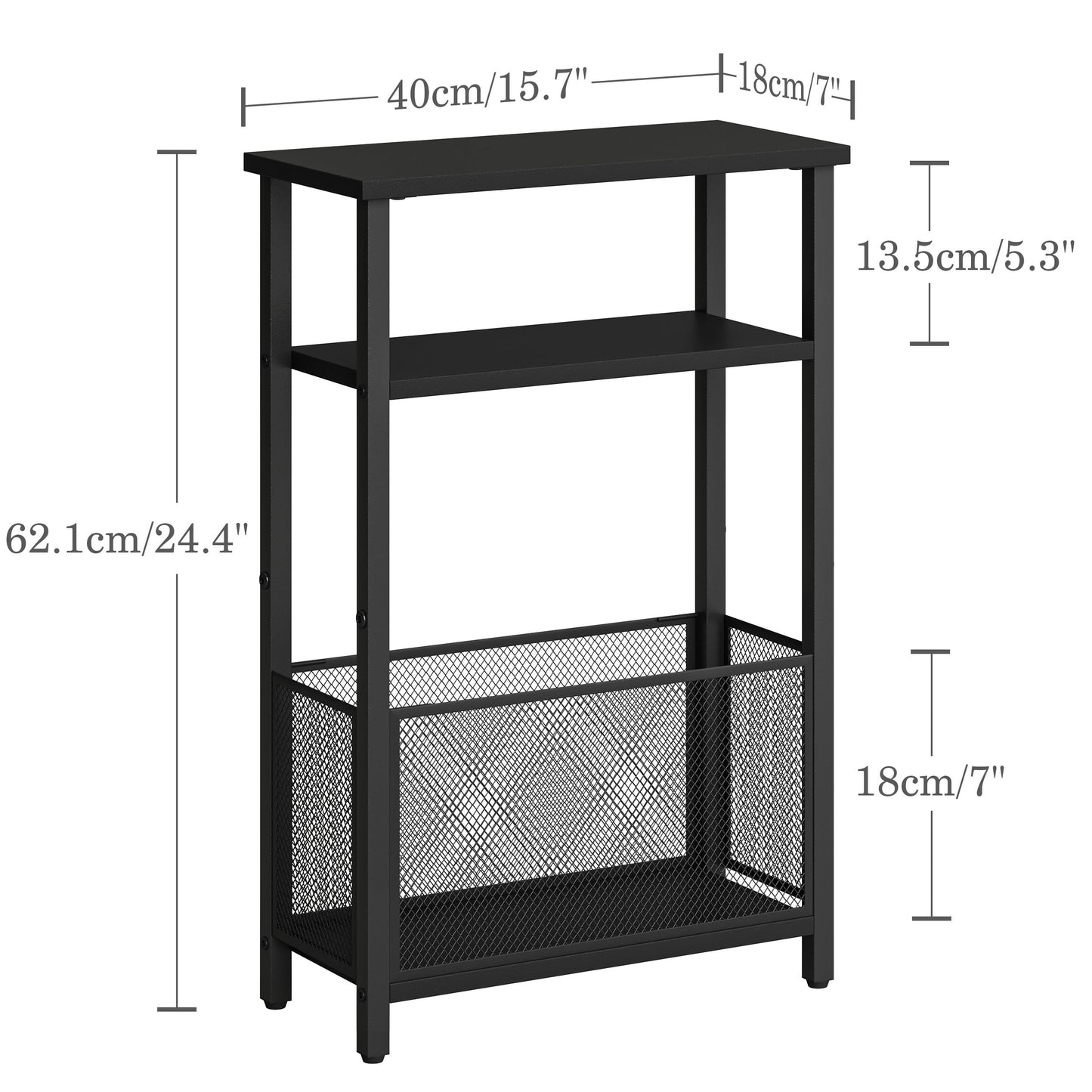 MMEOLUOOK Narrow Side Table with Storage Basket Skinny End Tables for Smalls Spaces 3 Tier Sofa Table Small Nightstand Slim Bedside Table for Living Room Bedroom Black MLBZ22B