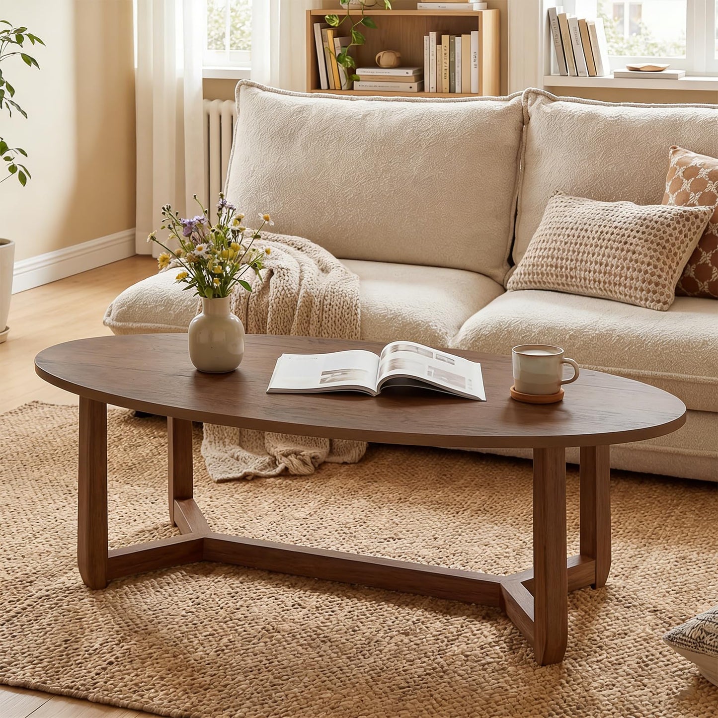 POWERSTONE Oval Coffee Table, 46'' Wooden Center Table, Low Profile Modern Living Room Table for Home, Reception, Office, Small Space, Walnut