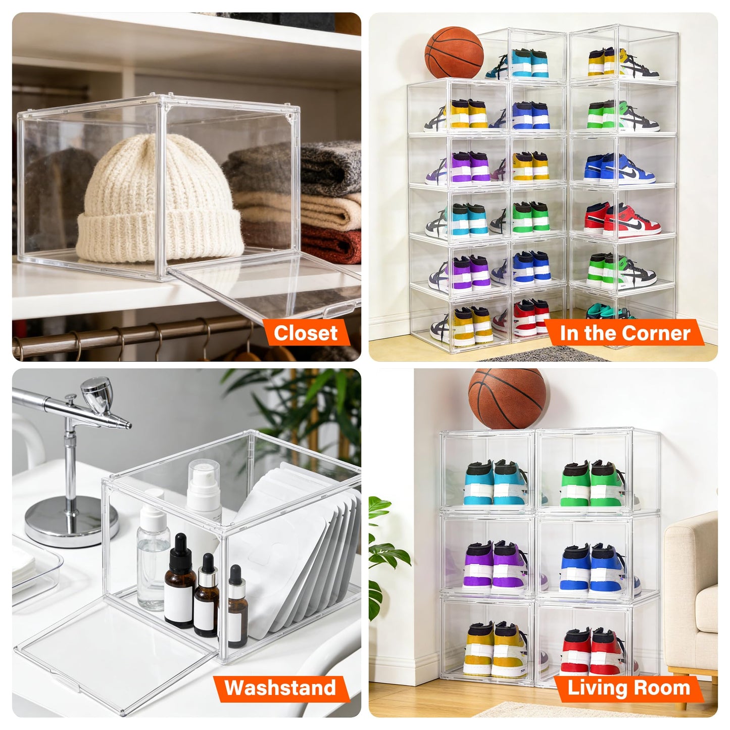 12 Pack Drop Front Shoe Boxes Acrylic Shoe Display Case Fit US Size 13, Clear Stackable Hat Sneaker Shoe Organizer for Closet, Entryway, Underbed, Multiple Display Cases for Hats, Figures, Sneakers
