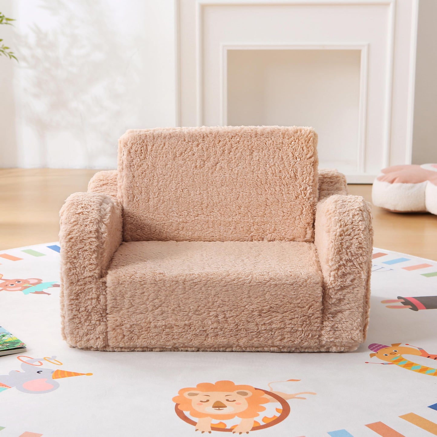 MAMAJOVE Toddler Couch 2-in-1 Flip Open Sherpa Kids Sofa Chair, Light Brown