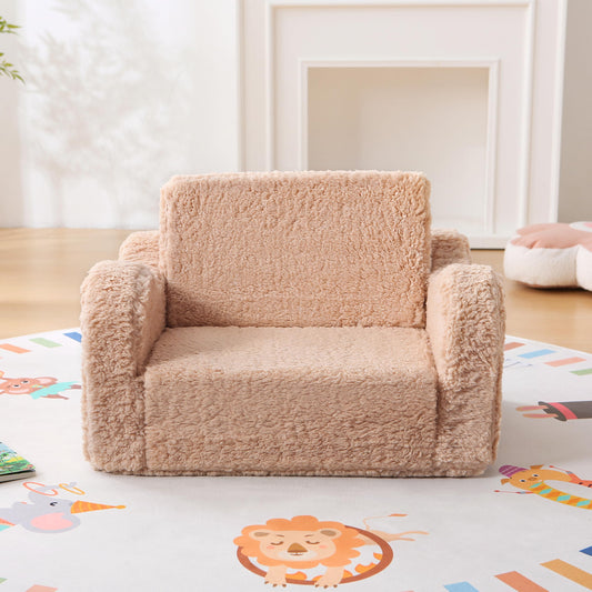 MAMAJOVE Toddler Couch 2-in-1 Flip Open Sherpa Kids Sofa Chair, Light Brown