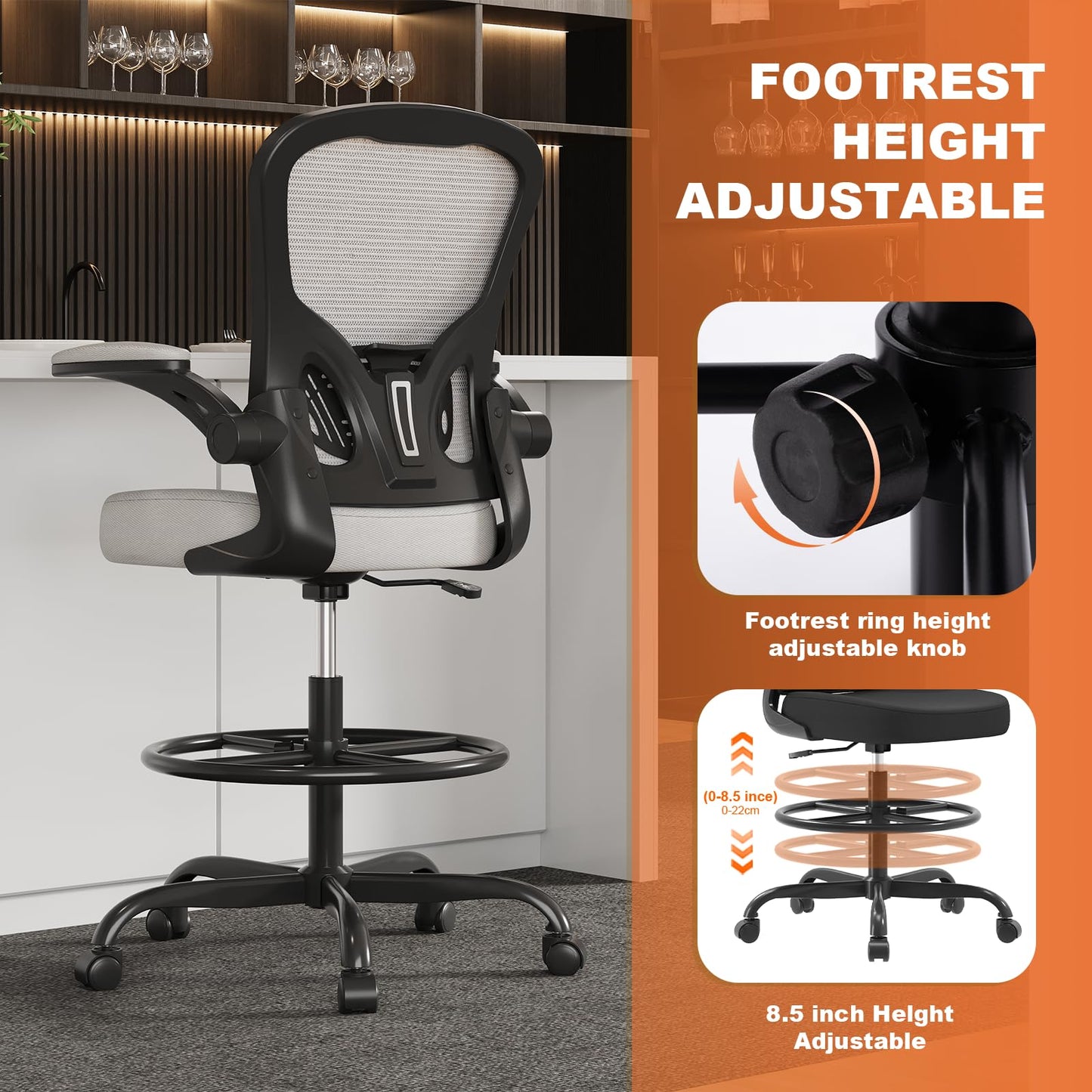 Ergonomic Drafting Chair, Tall Office Chair with Flip-up Armrests, Breathable Mesh High Desk Chair with Lumbar Support Adjustable Footrest Ring for Standing Desk Gray
