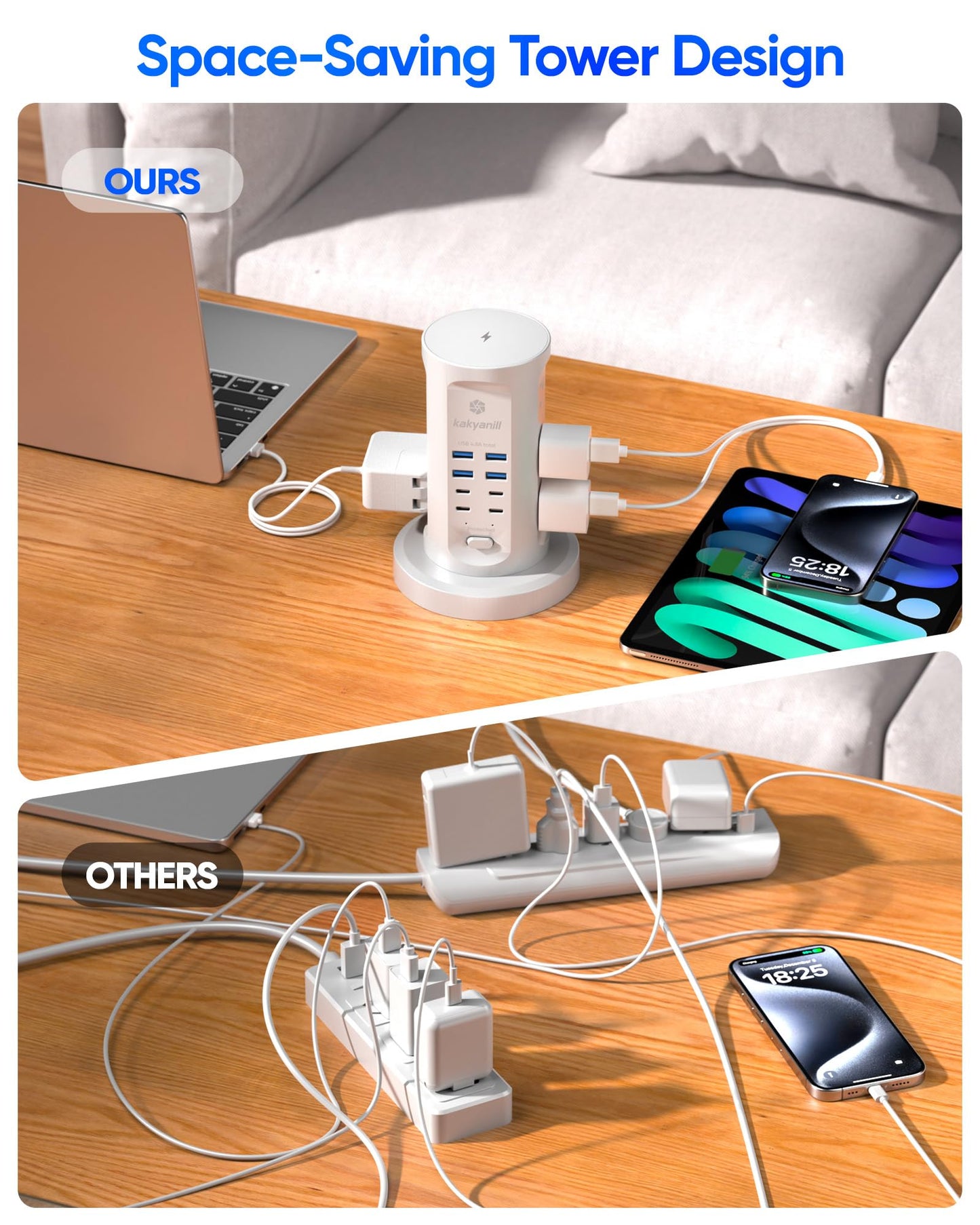 Power Strip Tower, kakyanill Surge Protector Tower 9 AC Outlets 8 USB (4 USB C), 6 Ft Retractable Extension Cord, Charging Station for Office Dorm Room, White