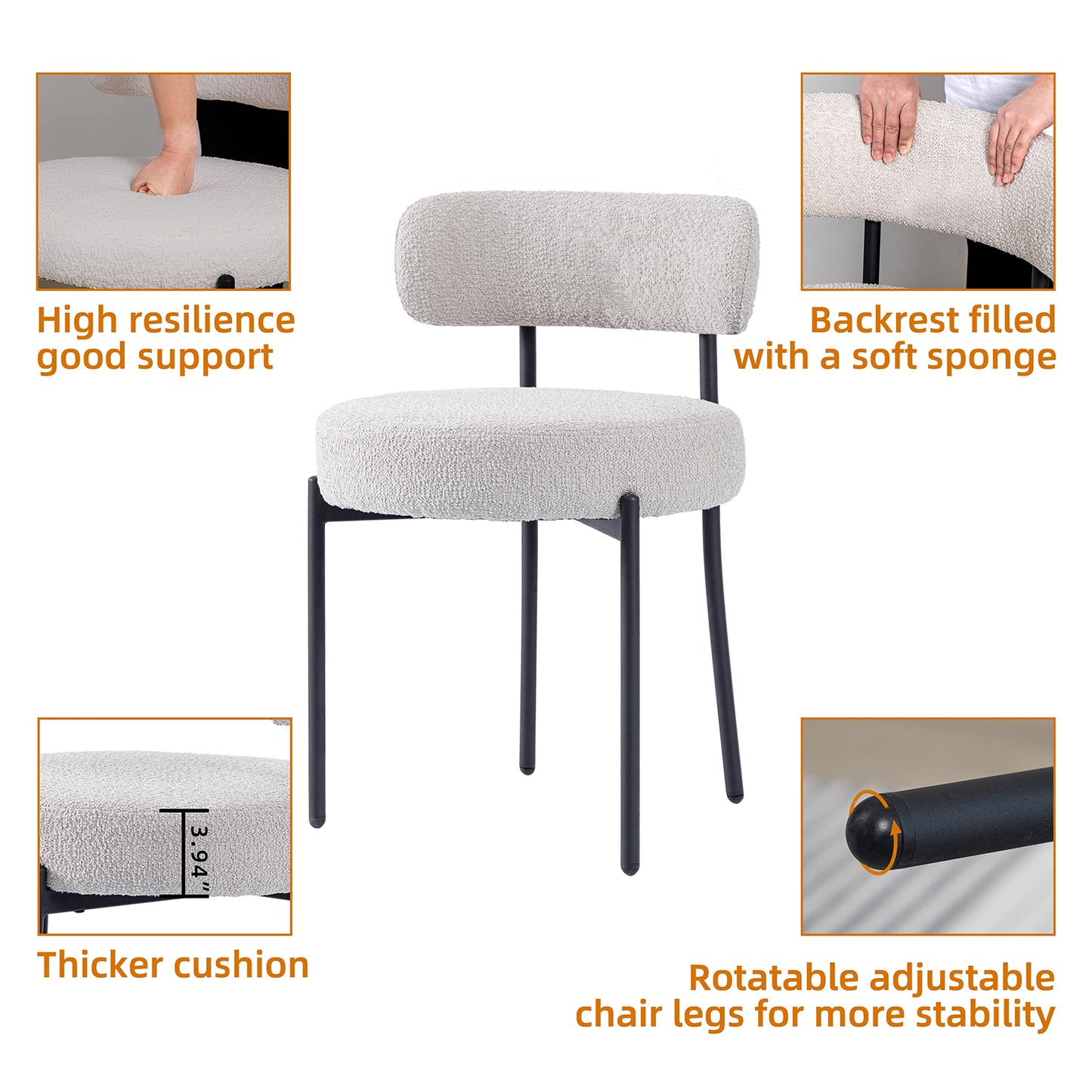 DYHOME Light Grey Boucle Dining Chairs Set of 2, Mid Century Modern Upholstered Kitchen Chairs with Curved Backrest and Black Metal Legs