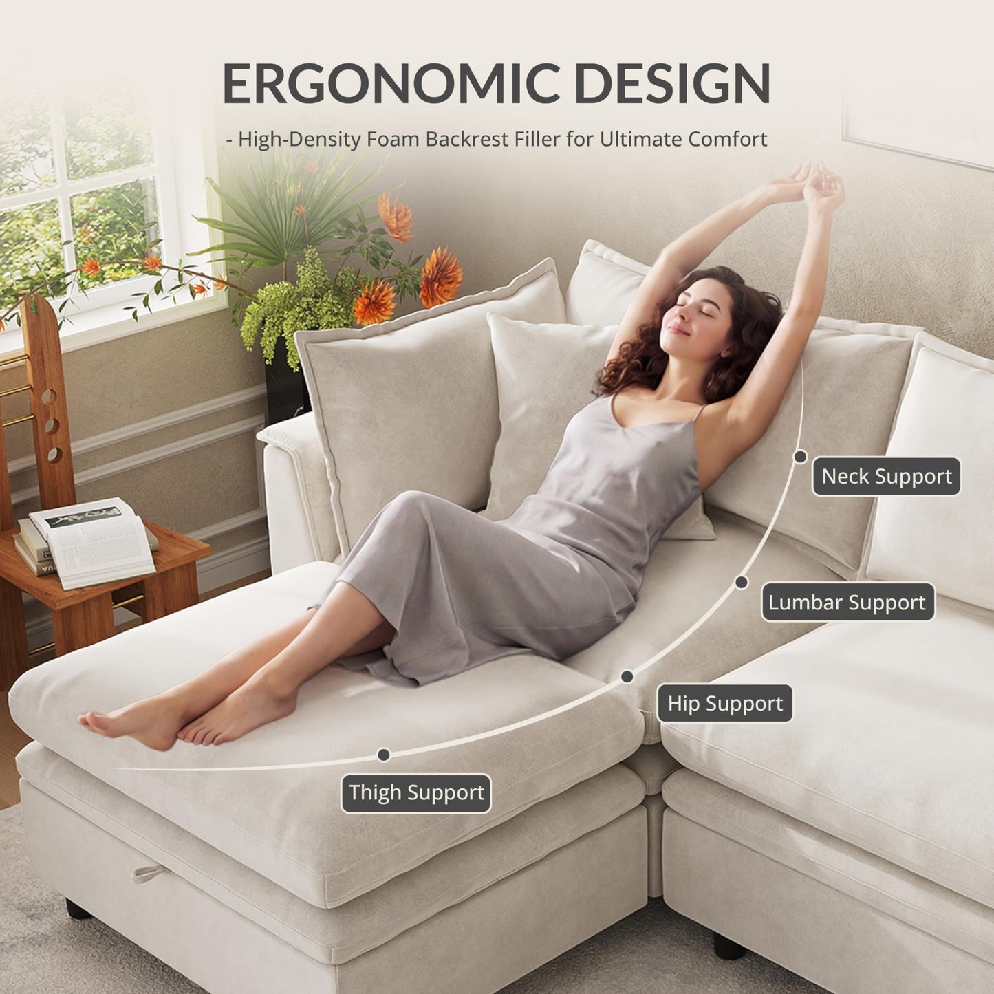 Attalee Single Armchair with Storage Ottoman, Modern Chenille Deep Seat Cloud Couch with Convertible Chaise, Upholstered Sofa Set for Living Room and Bedroom, Beige