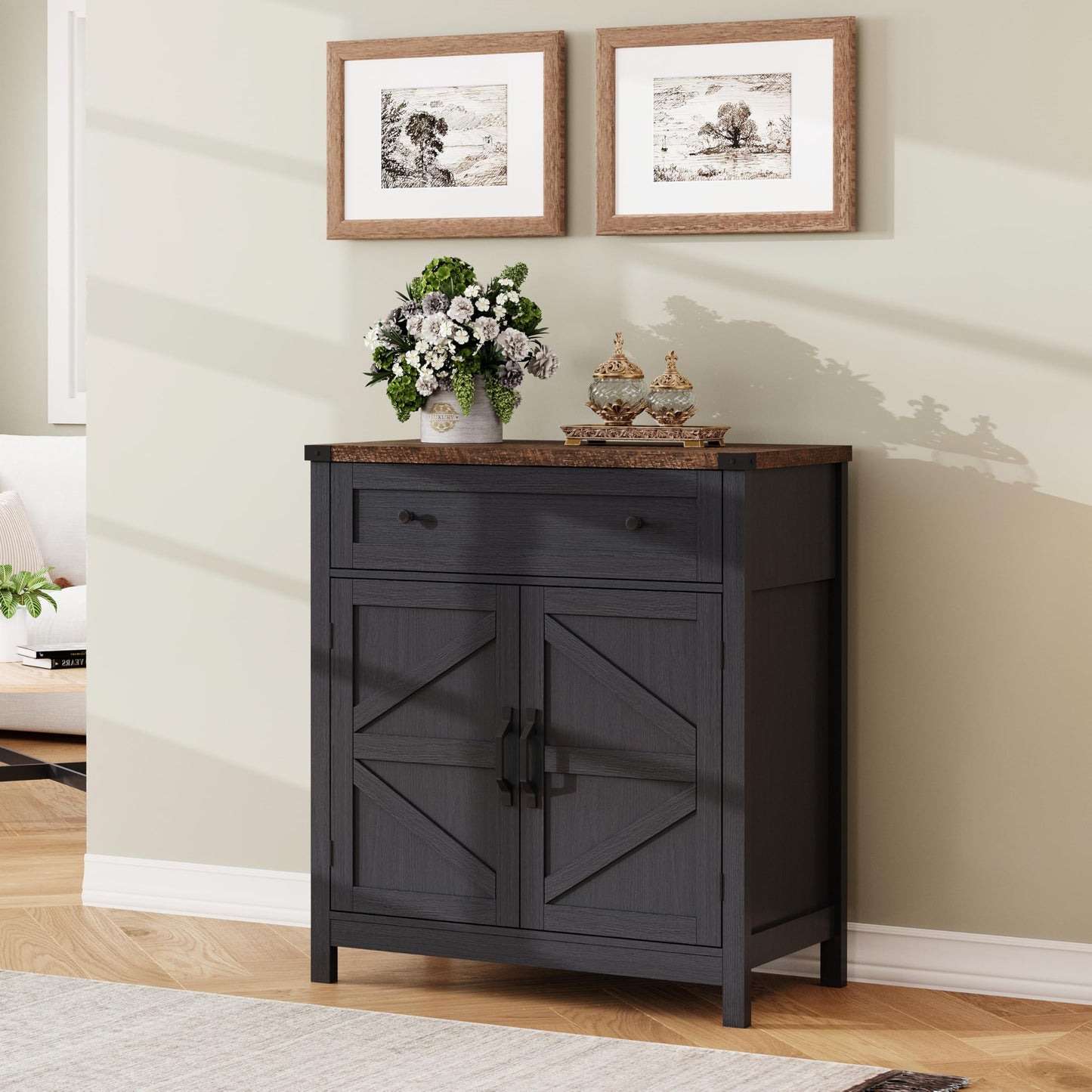 ChooChoo Kitchen Storage Cabinet, Coffee Bar Cabinet, Farmhouse Buffet Sideboard with Drawer for Kitchen, Living Room, Black