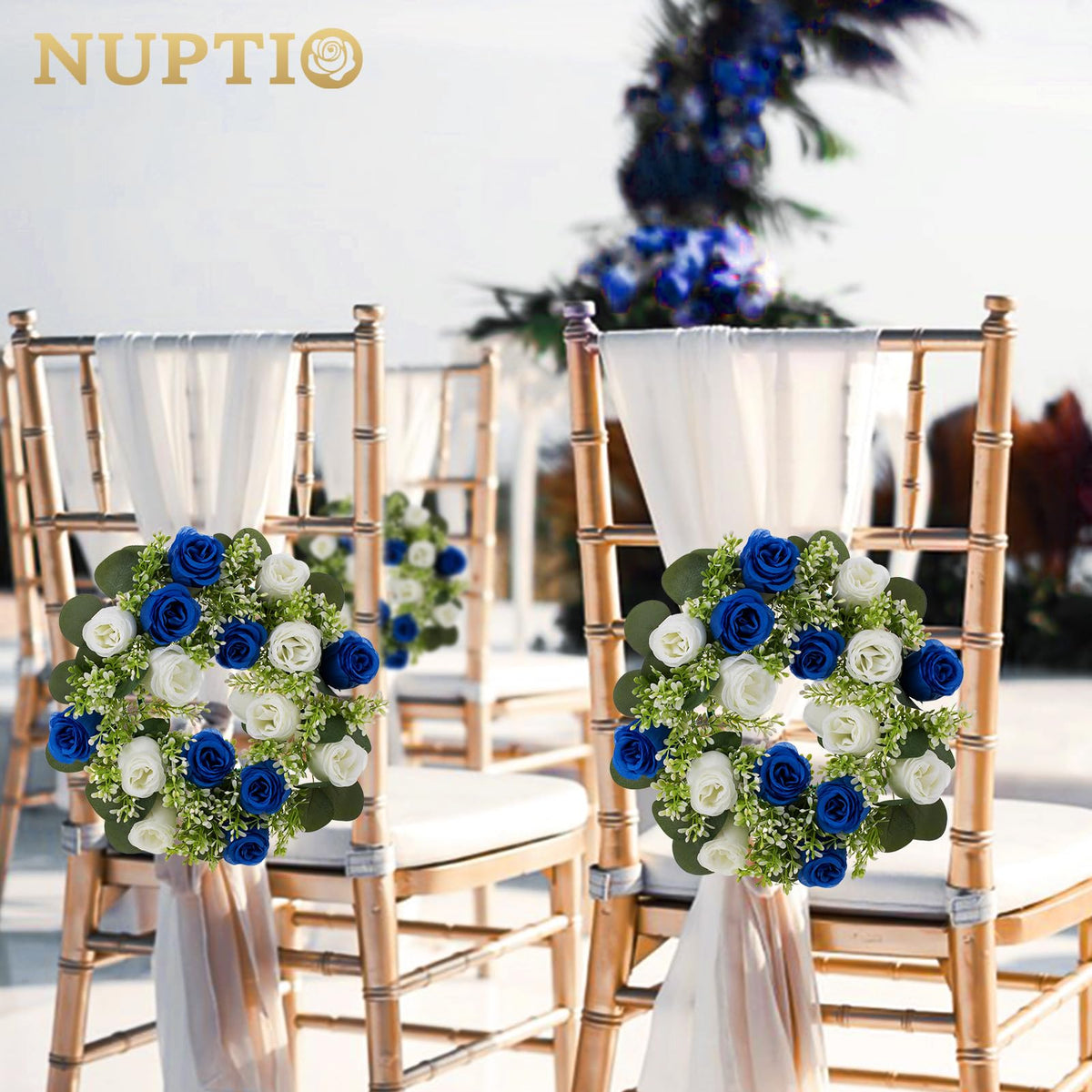 NUPTIO Flower Candle Rings for Centerpieces: 13.4 Inch Rose Wreath for Wedding Party Christmas - Royal Blue & White Wreaths for Spring Summer Front Door Porch Table Decor 2 Pcs