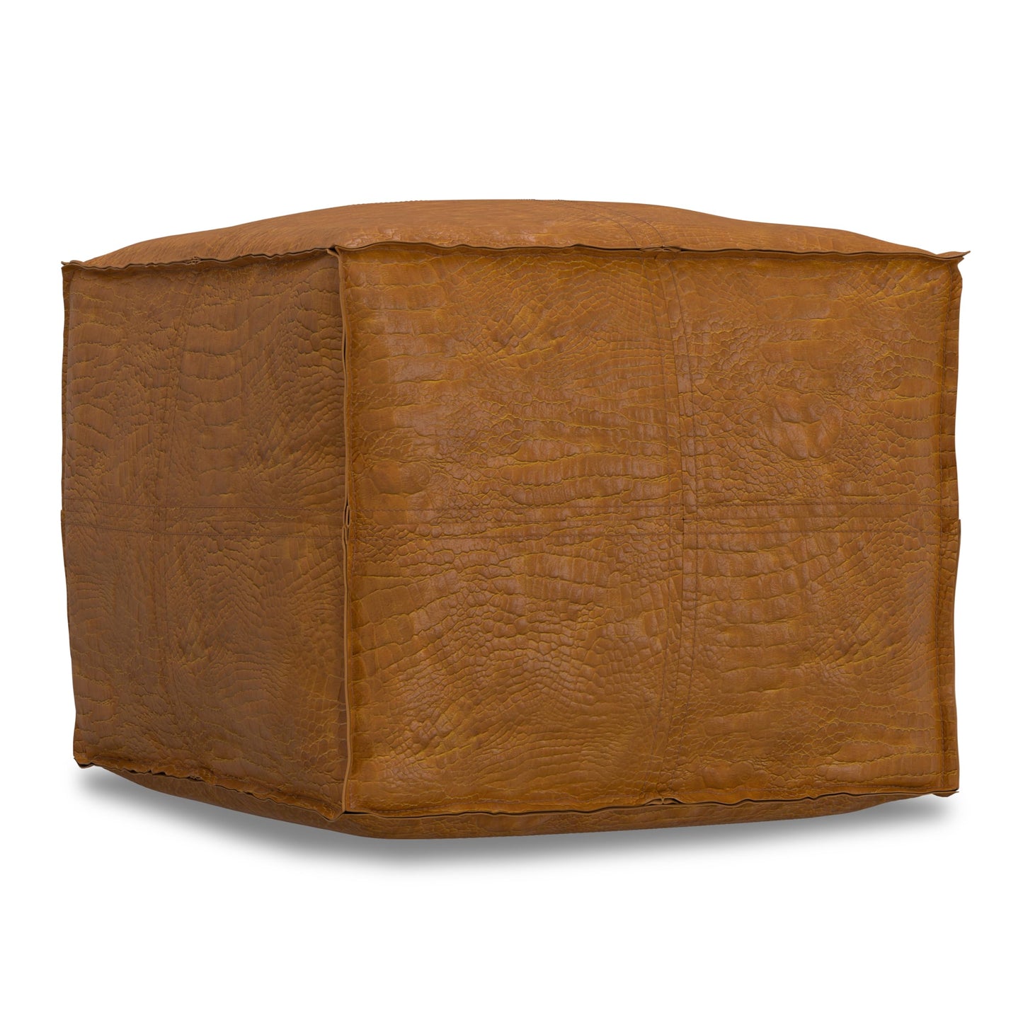 SIMPLIHOME Brody Square Pouf - 18 inch Wide Upholstered Genuine Leather Ottoman in Tan, Boho Footstool, Coffee Table or Extra Seating for Living Room or Bedroom, Assembled