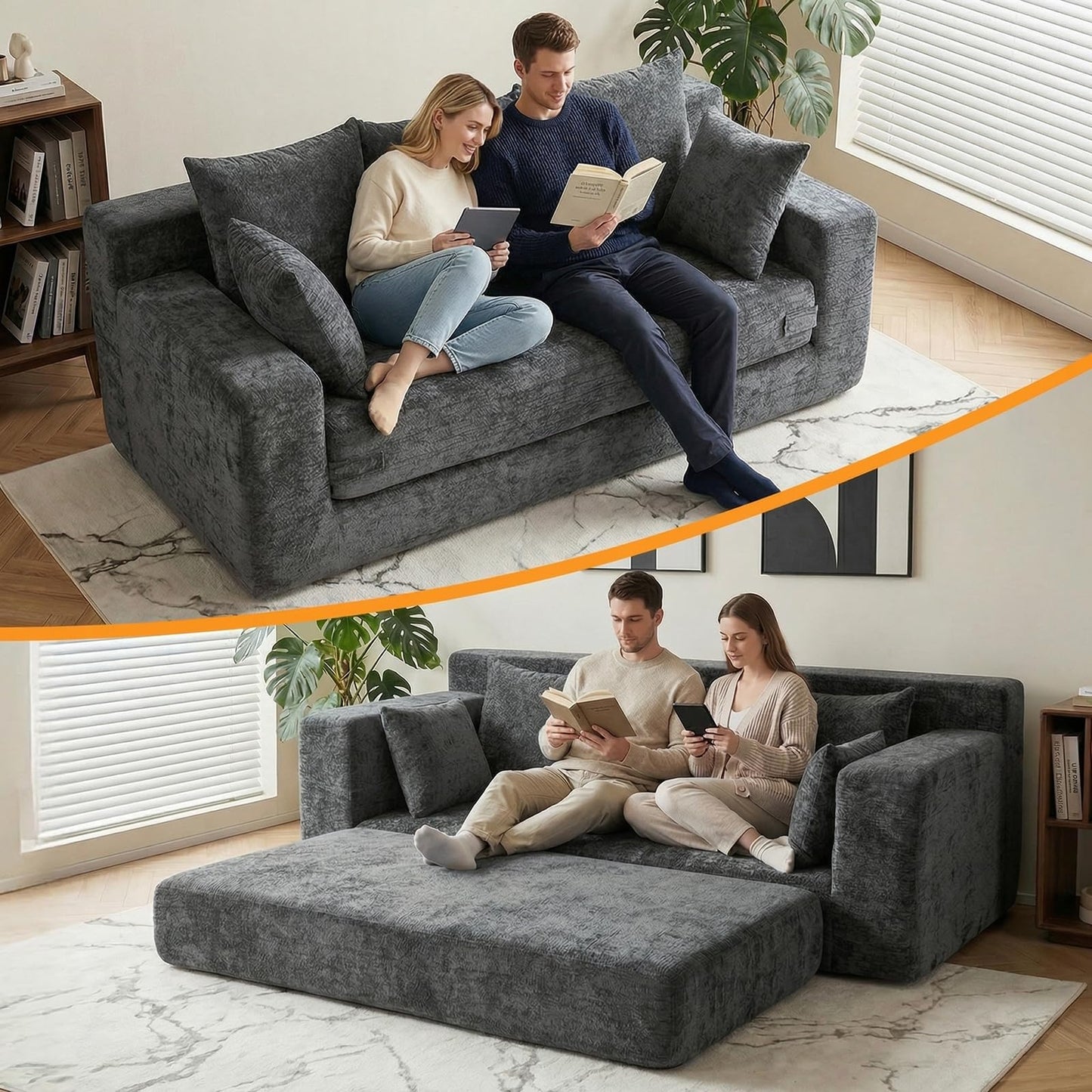 Winzoo Boneless Couches 70", 3 Seater Boneless Couch with Pull Out Sofa Bed, Gray Boneless Couch with 5 Pillows, Plush Velvet Sofa for Living Room & Bedroom