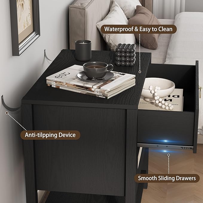 Xixini Nightstand wih 2 Drawers & Open Shelf, Small Mid Century Modern Night