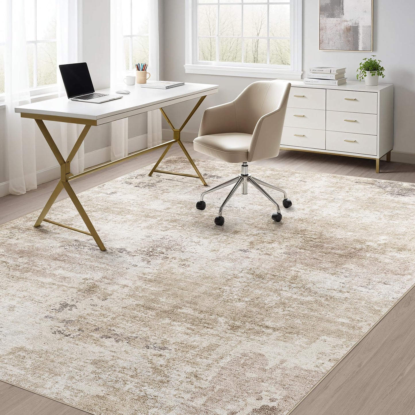 TARANCH Abstract 10x14 Area Rug: Machine Washable Non Slip Ultra Thin Low-Pile Carpet, Soft Stain Resistant for Living Dining Room Bedroom, Kid Pet Friendly, Robot Vacuum Compatible - Brown