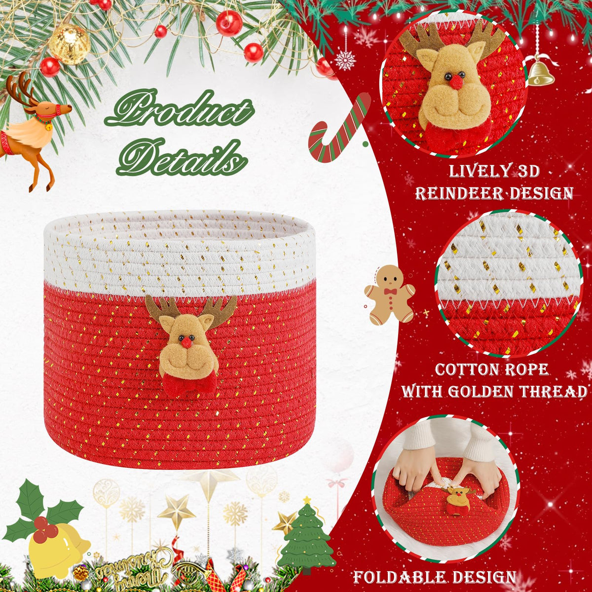 INough Christmas Baskets Cotton Rope Baskets for Christmas Empty Red Christmas Toy Bin, Christmas Gift Bin Large Blanket Storage Baby Basket for Kids Room/Living room (Reindeer Large)