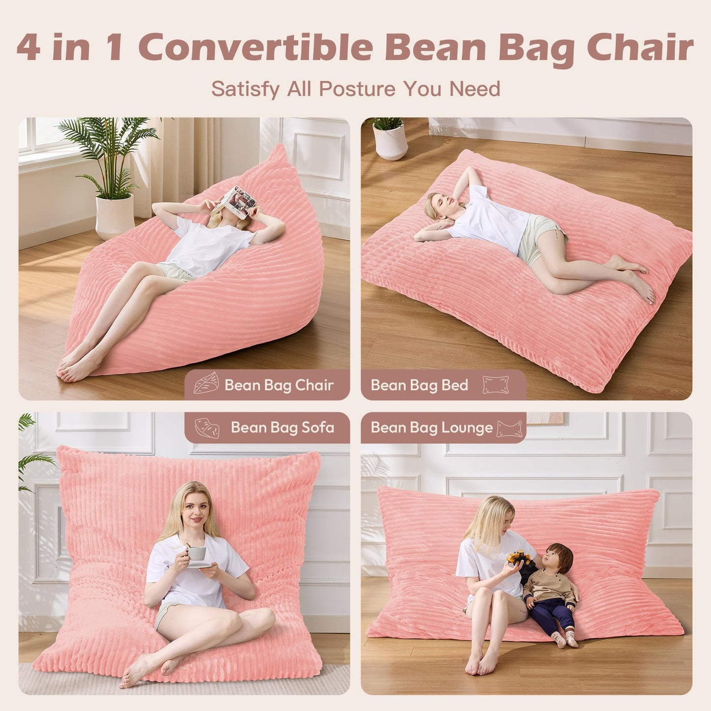 MuaMelop Bean Bag Chair, Giant Bean Bag Chair, 4 in 1 Convertible Beanbag Chairs for Adults with Removable Cover, Memory Foam Floor Cushions, Living Room, Bedroom, Pink