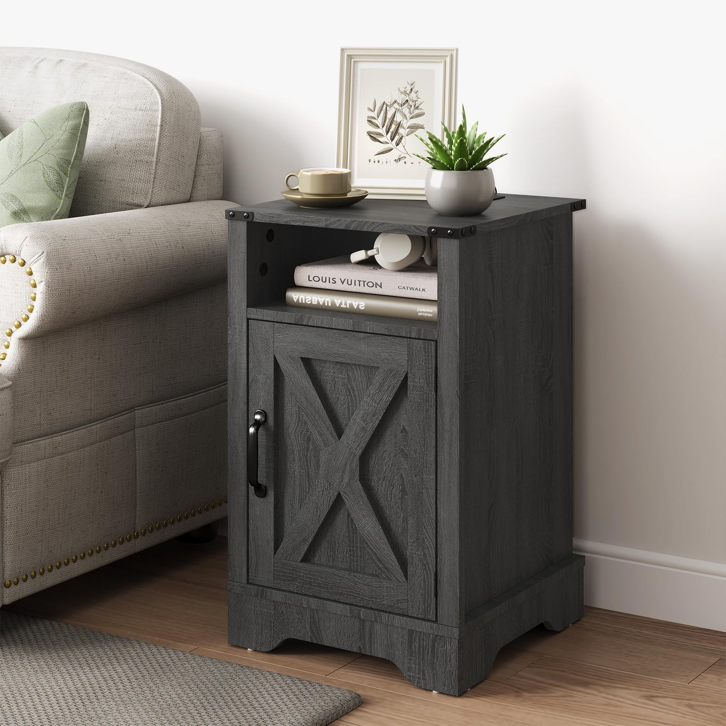 RoyalCraft Farmhouse Nightstand, End Table with Charging Station, Tall Bedside Table with Large Storage Room and Shelf, Wooden Rustic Side Table for Bedroom, Home Office, Dark Grey