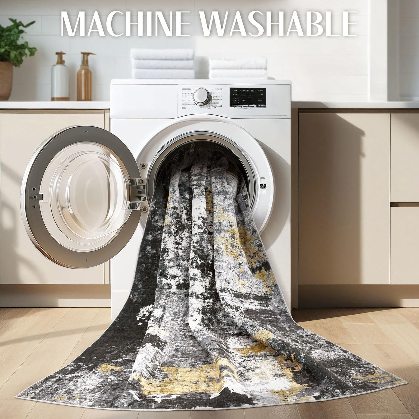 TARANCH Abstract 10x14 Area Rug: Machine Washable Non Slip Ultra Thin Low-Pile Carpet, Soft Stain Resistant for Living Dining Room Bedroom, Kid Pet Friendly, Robot Vacuum Compatible - Black Gold