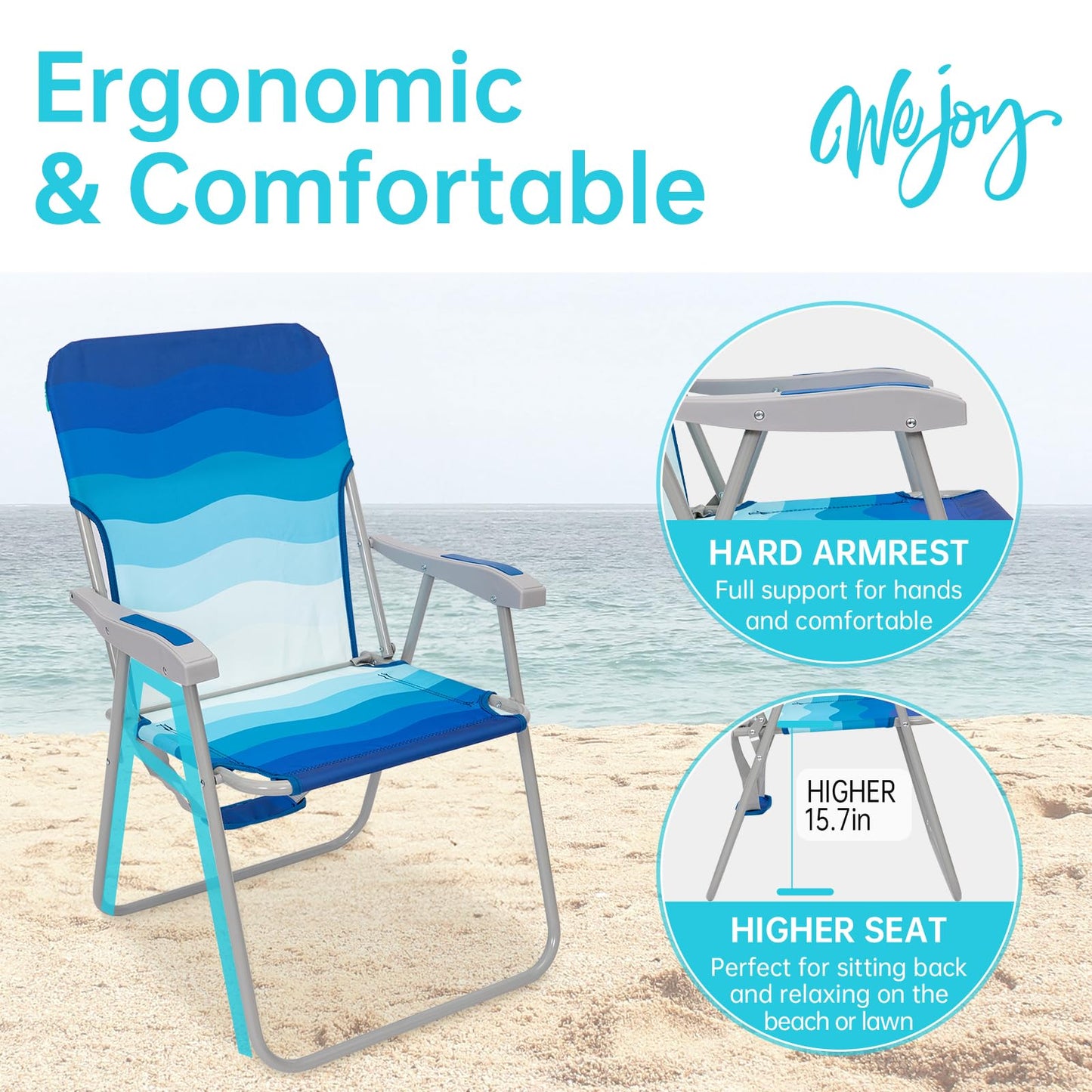 #WEJOY Folding Beach Chair for Adults, Lightweight Beach Chair with Shoulder Straps, High Back Camping Chairs with Hard Armrest, Supports 300lbs for Outdoor Lawn Concert (Dark Blue White)