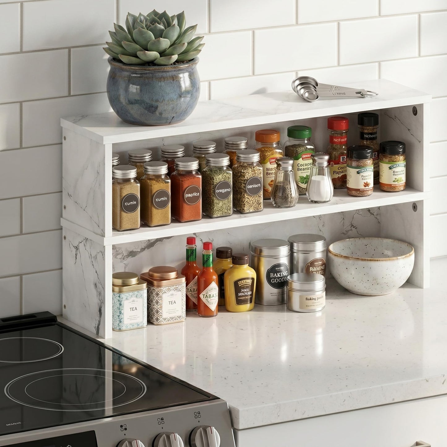 Furinno Helena Kitchen Counter Stackable Organizer Shelf, Set of 1, 23-Inch, Marble White