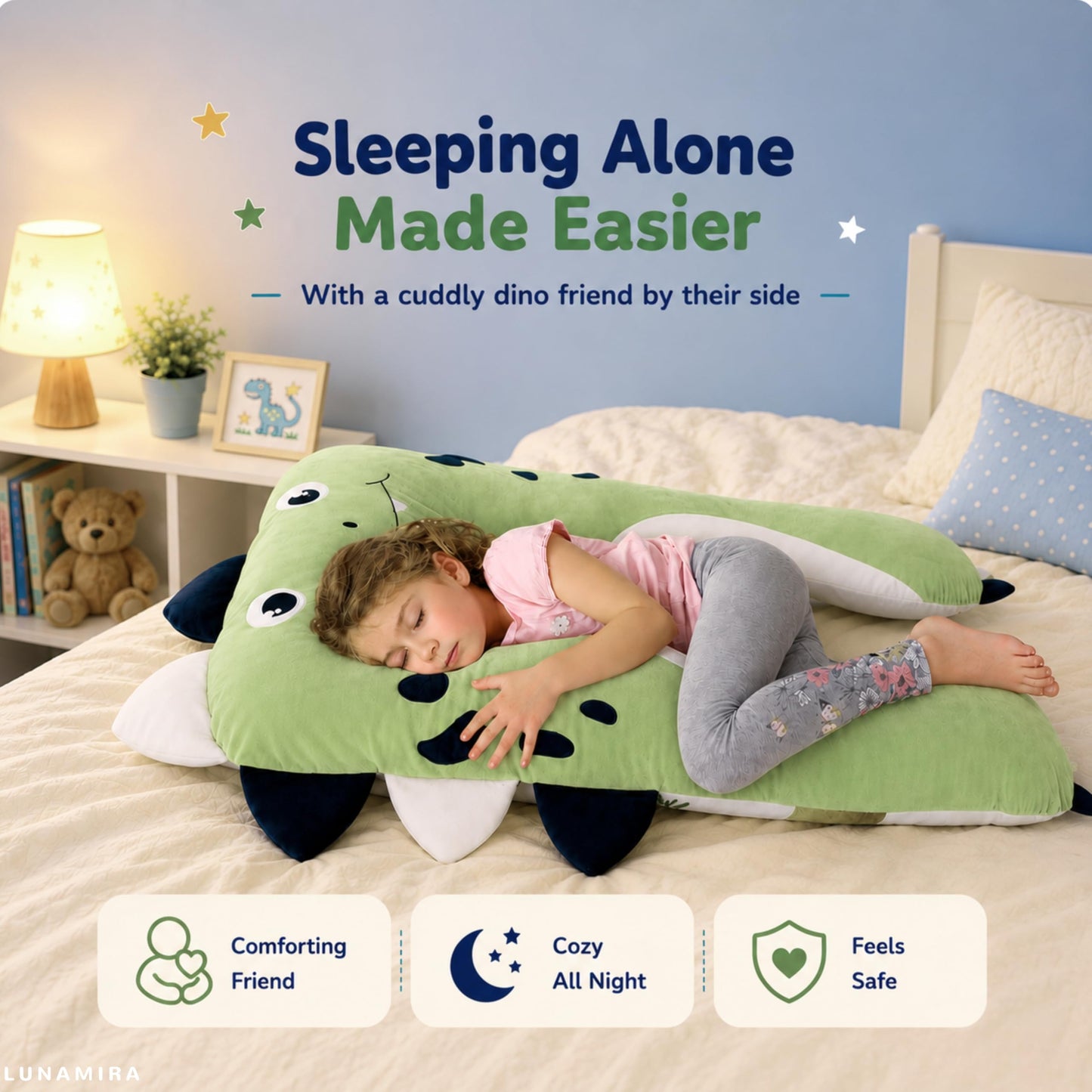 LUNAMIRA Dino Kids Body Pillow - 47" U-Shape Long Plush Soft Animal Pillow for Kids, Sleeping, Reading, ADHD & Special Needs Comfort, Anxiety, Washable Cover, Snuggle Fun Cuddle Gift for Boys & Girls