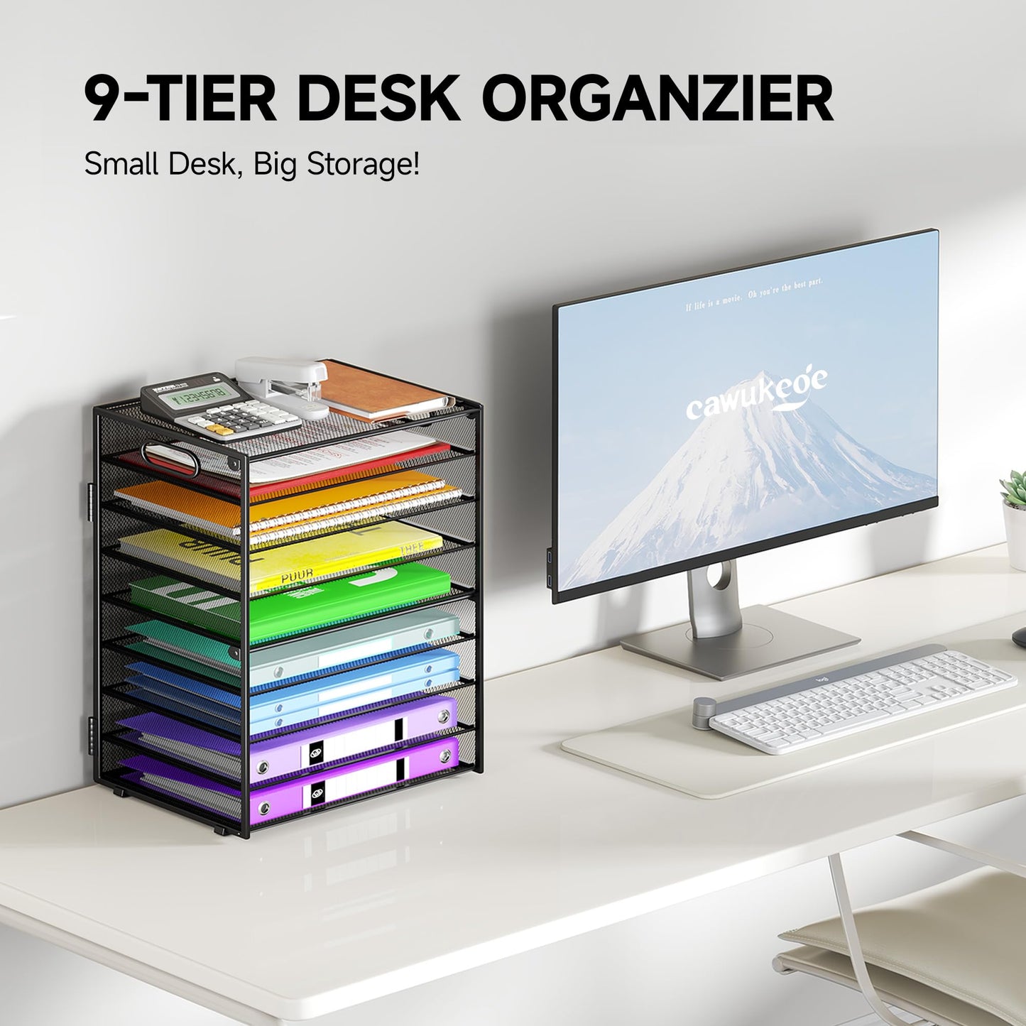 Cawukege 9 Tier Paper Organizer with Handle, Black Large Capacity Desk Organizer Mesh File Folder Letter Paper Tray Desktop Document Sorter for Classroom, School, and Office Accessories Organization