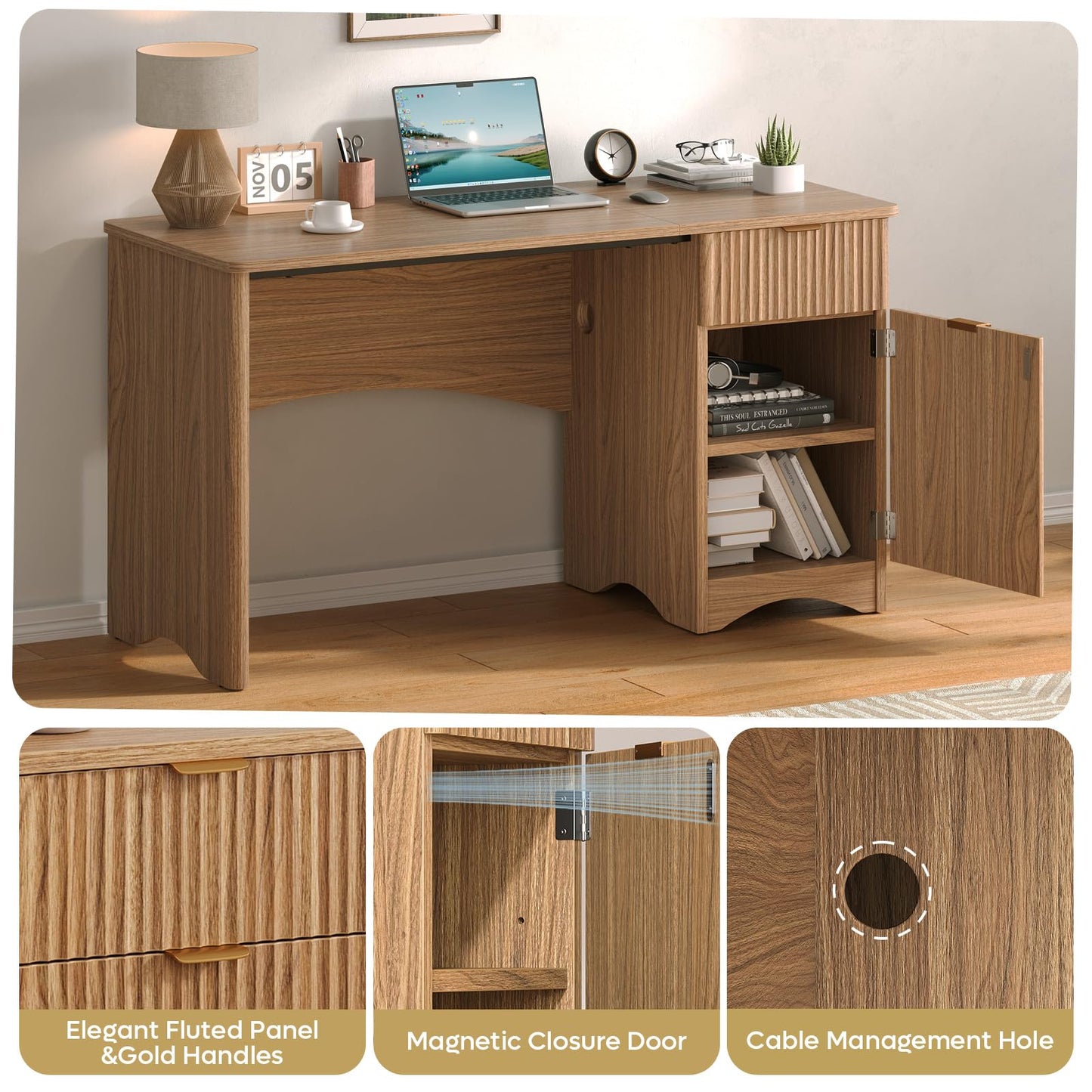 Bestier Computer Desk with Drawer, 47 inch Office Desk with Storage Cabinet, Modern Wood Desk Adjustable Shelves for Home Office & Studio, Brown Oak