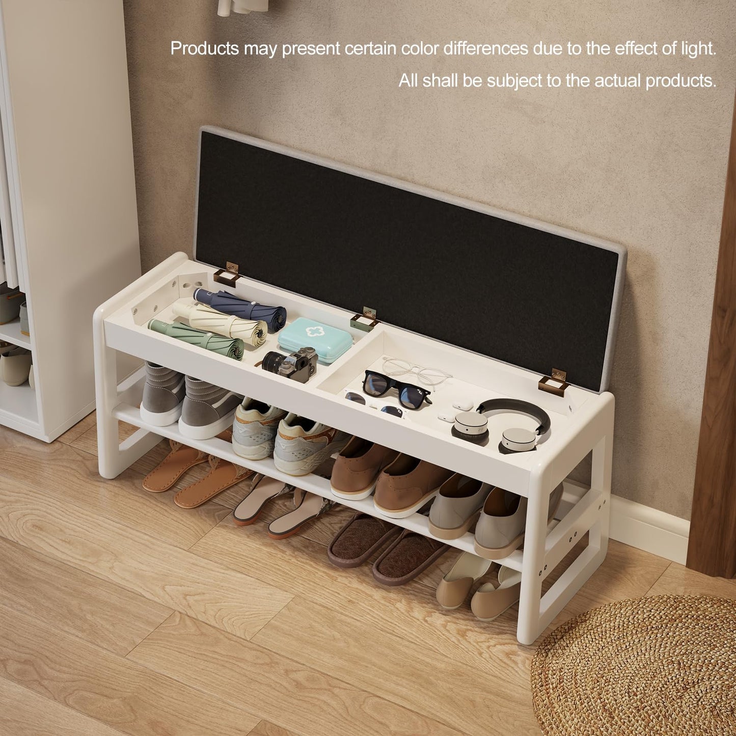 AQIMUELE Shoe Rack Bench,2 Tiers Shoe Bench with Storage with Flip-Top,Wood Shoe Rack for Entryway,Hallway（White Upholstered Seat,11.8" D x 39.3" W x 15.7" H）