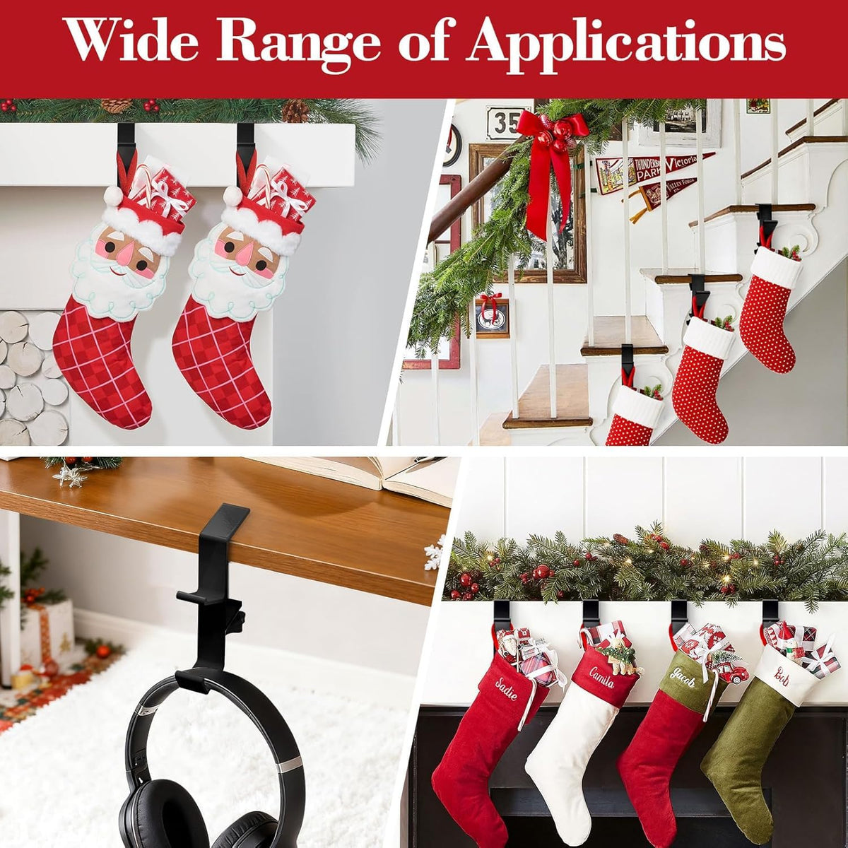 Guojanfon Garland and Stocking Mantel Holders with 2 Hooks, Mantel Hanger for Garland, 2 in 1 Mantel Garland and Stocking Hangers Heavy Duty, Fireplace Garland Hanger for Xmas Decoration (4Black)
