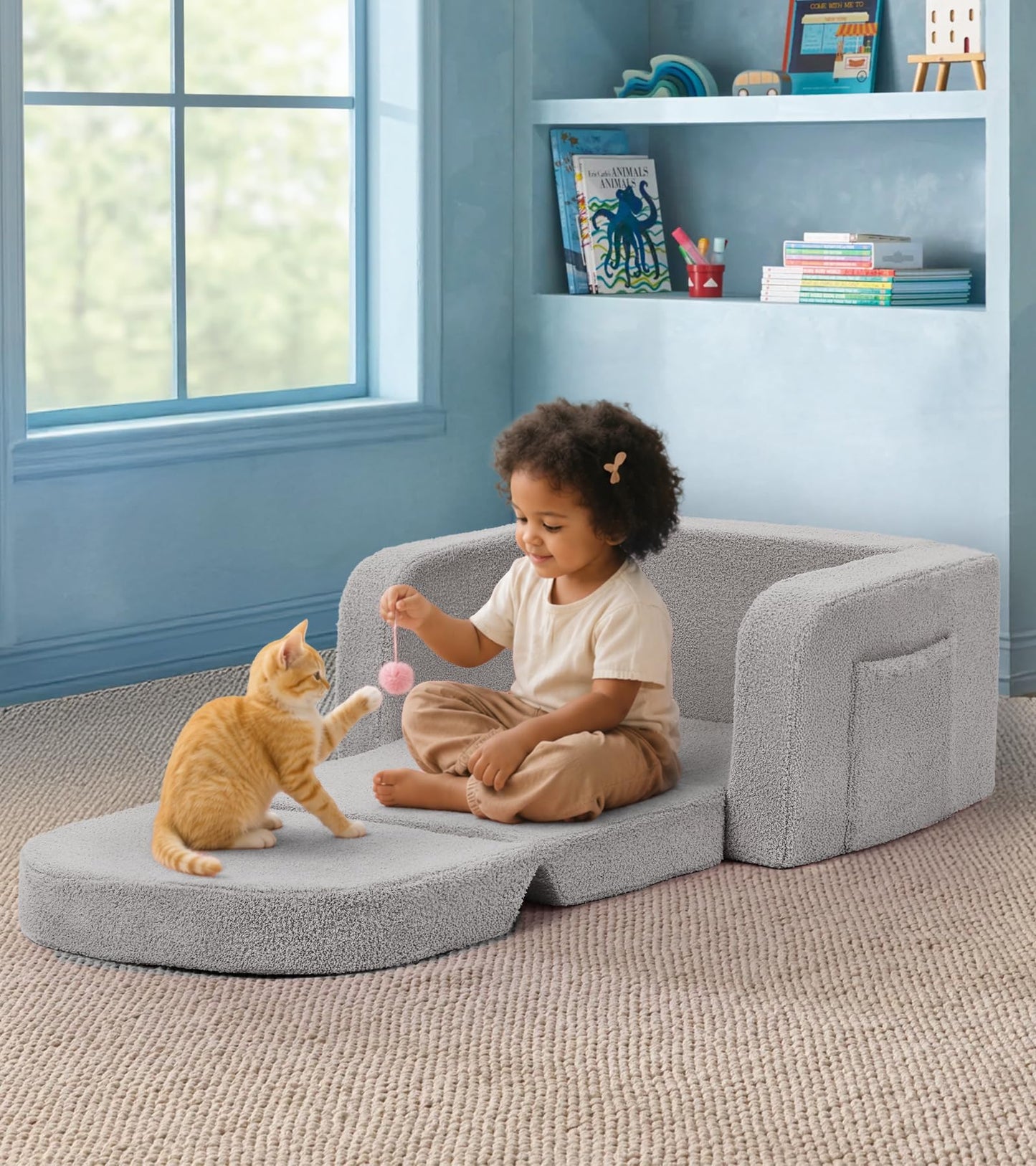 Foryoomi Kids Couch, 2-in-1 Soft Toddler Couch Fold Out with Blanket, Comfy Toddler Chair, Convertible Sofa, Gifts for Kids Girl Boys, Medium Grey Rainbow