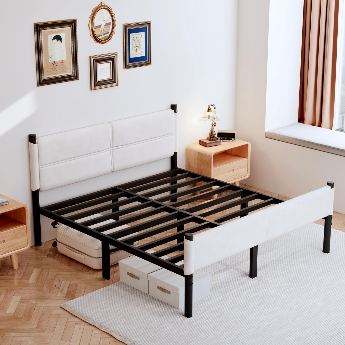 Henshwon Metal Bed Frame,14Inch King Size Bed Frame with Storage Space,Heavy Duty Sturdy Mattress Foundation,Easy Assembly,No Box Spring Needed,King White