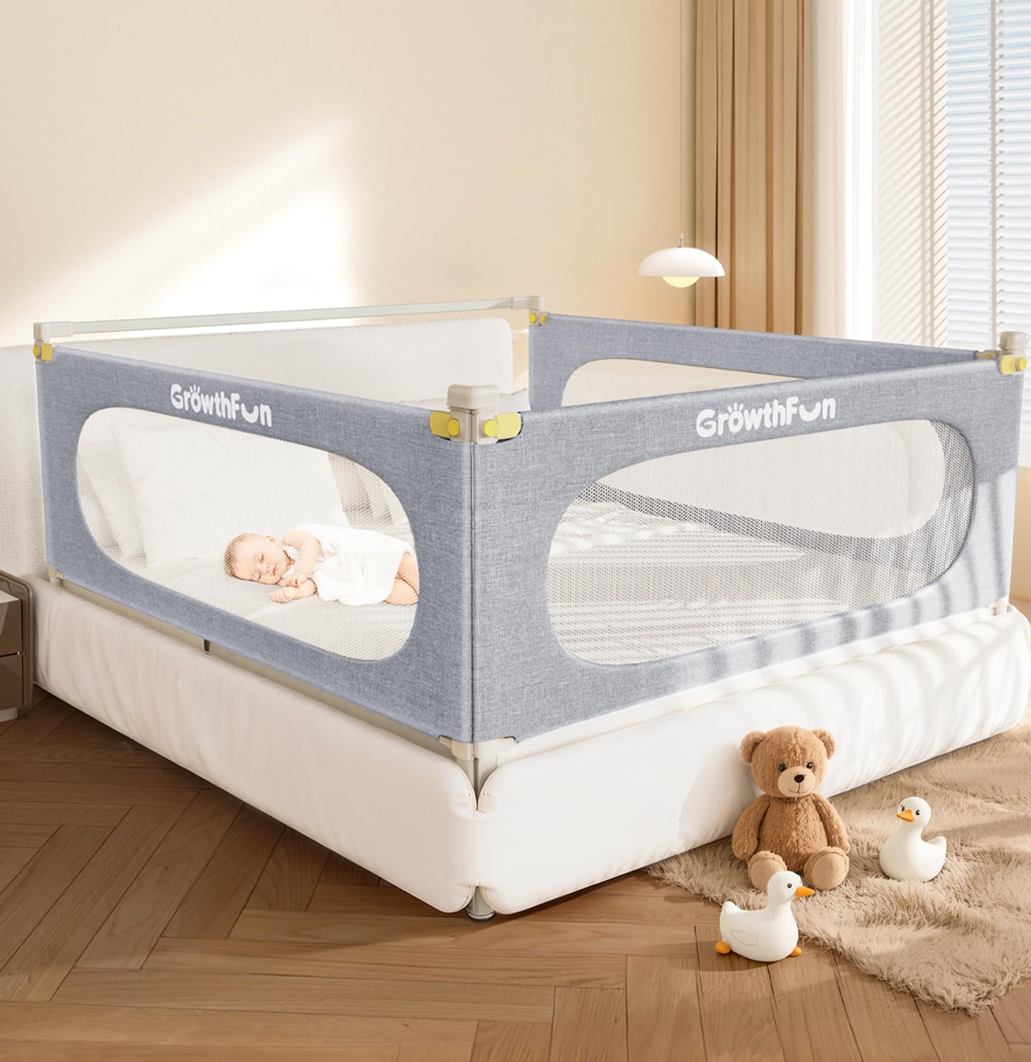 GrowthFun 3-Piece King Size Bed Rail for Toddlers, Baby Bed Rail Guard with Height Adjustable Toddlers Bed Rail, Kids Safety Bed Rail for King Size Bed (78.7"x78.7"x74.8" - Grey)