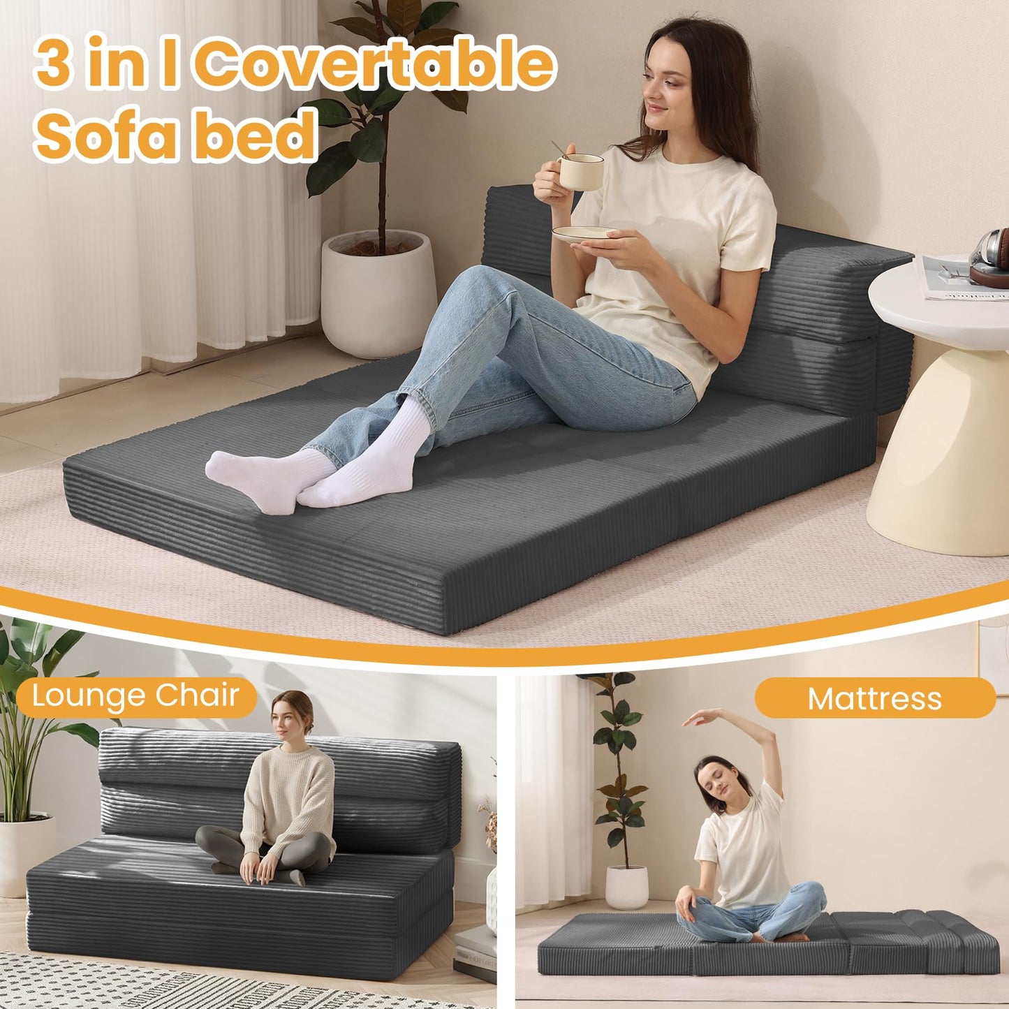 feliz home Foldable Mattress Full, 54" Folding Sofa Bed, 3-in-1 Convertible Sofa Bed Floor Couch for Living Room, Guest Room – No Assembly Required