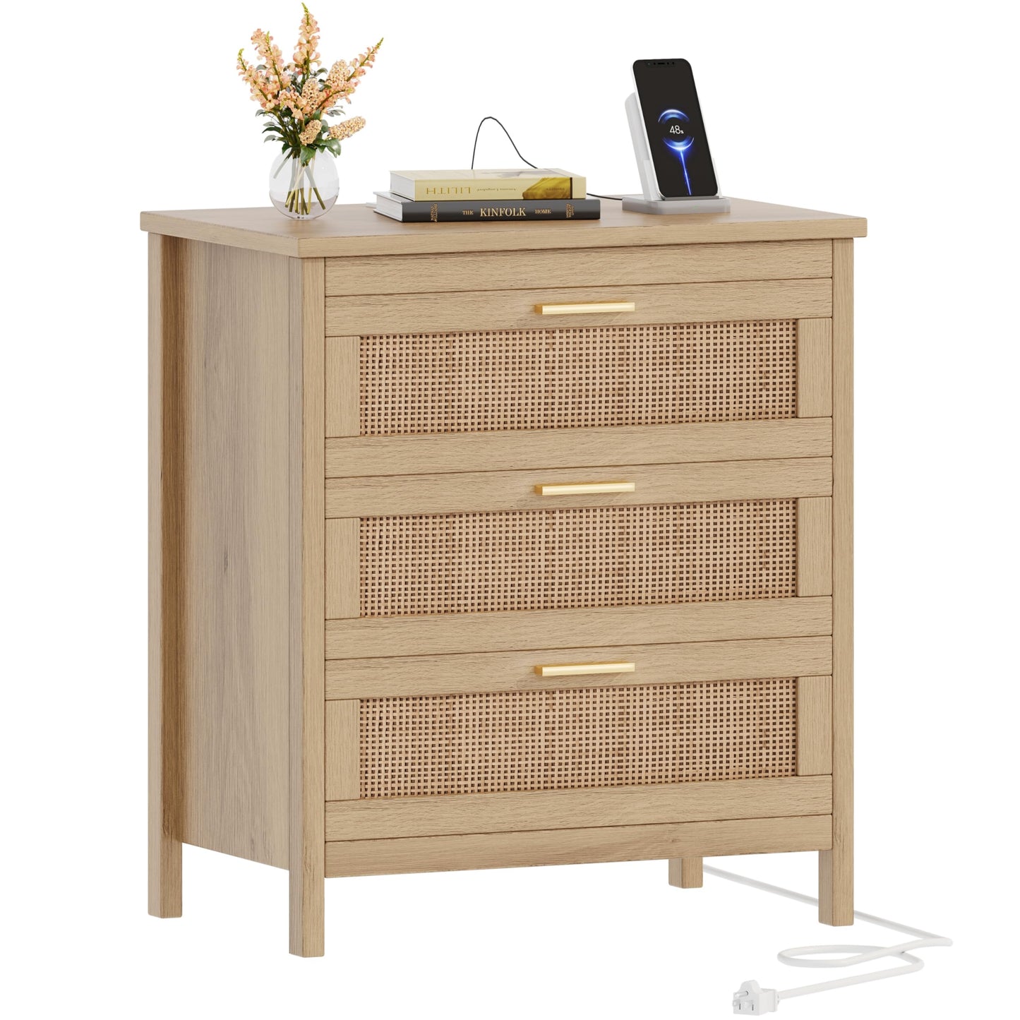 Keehusux Rattan Nightstand with Charging Station, 23.6" Wide Bedside Table with 3 Drawers, Boho Night Stand with Metal Handles, Accent End Table for Bedroom, Guest Room, Natural