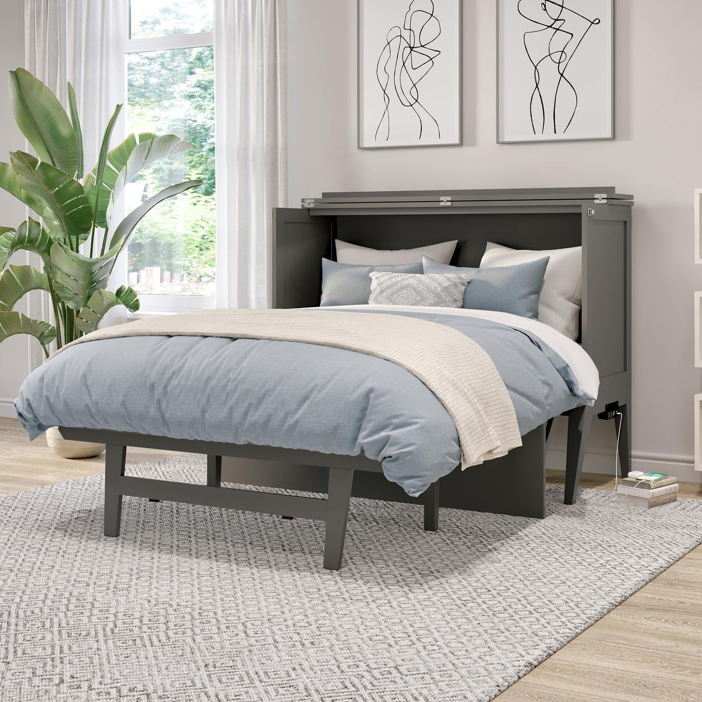 HomeStock Full Murphy Bed Desk with 6" Mattress & Built in Charger in Grey