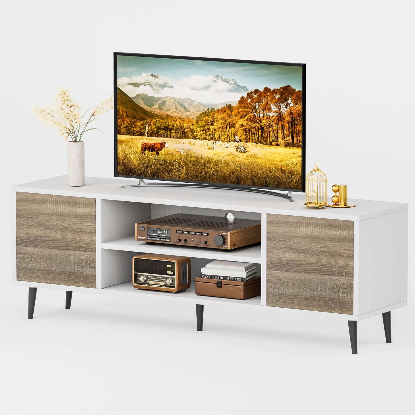 JUMMICO TV Stand for 65 Inch TV, Mid Century Modern TV Stand, Entertainment Center with Storage Cabinet and Open Shelves, TV Console Table Media Cabinet for Living Room, and Bedroom (Oak)