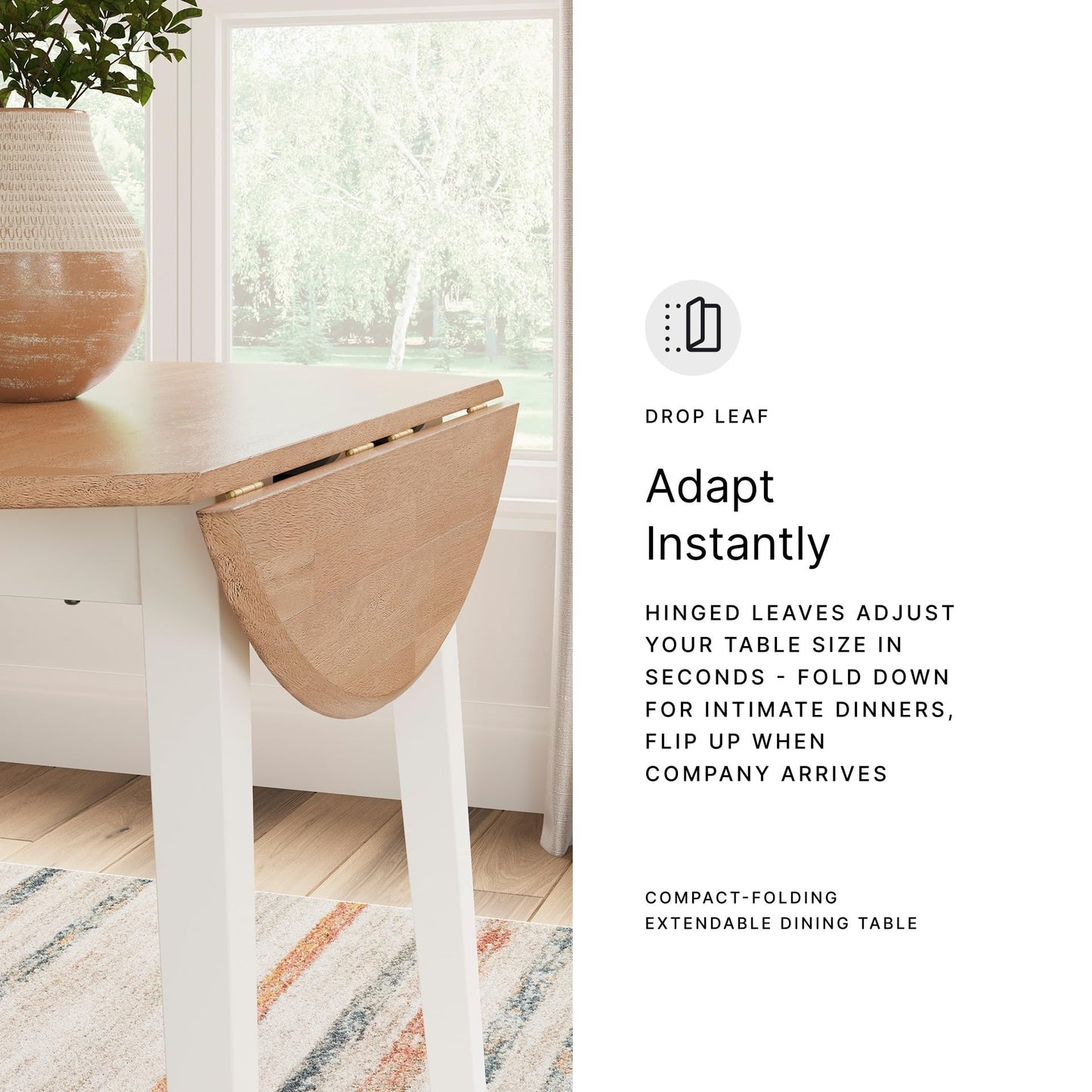 Signature Design by Ashley Gesthaven Farmhouse Dining Drop Leaf Table with 4 Legs, Light Brown & White