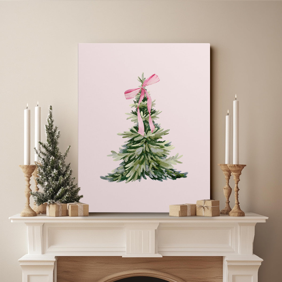 JWVK Ty-You-031 Prints Pink Coquette Bow Trendy Christmas Pine Tree Framed Wall Art Canvas Decor Decorations for Bedroom, Pink Christmas Signs Sign, 11x14