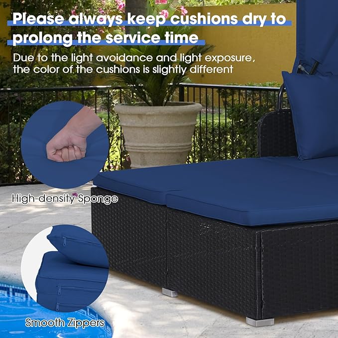 COSTWAY Outdoor Daybed with Retractable Canopy, Wicker Patio Furniture Set with